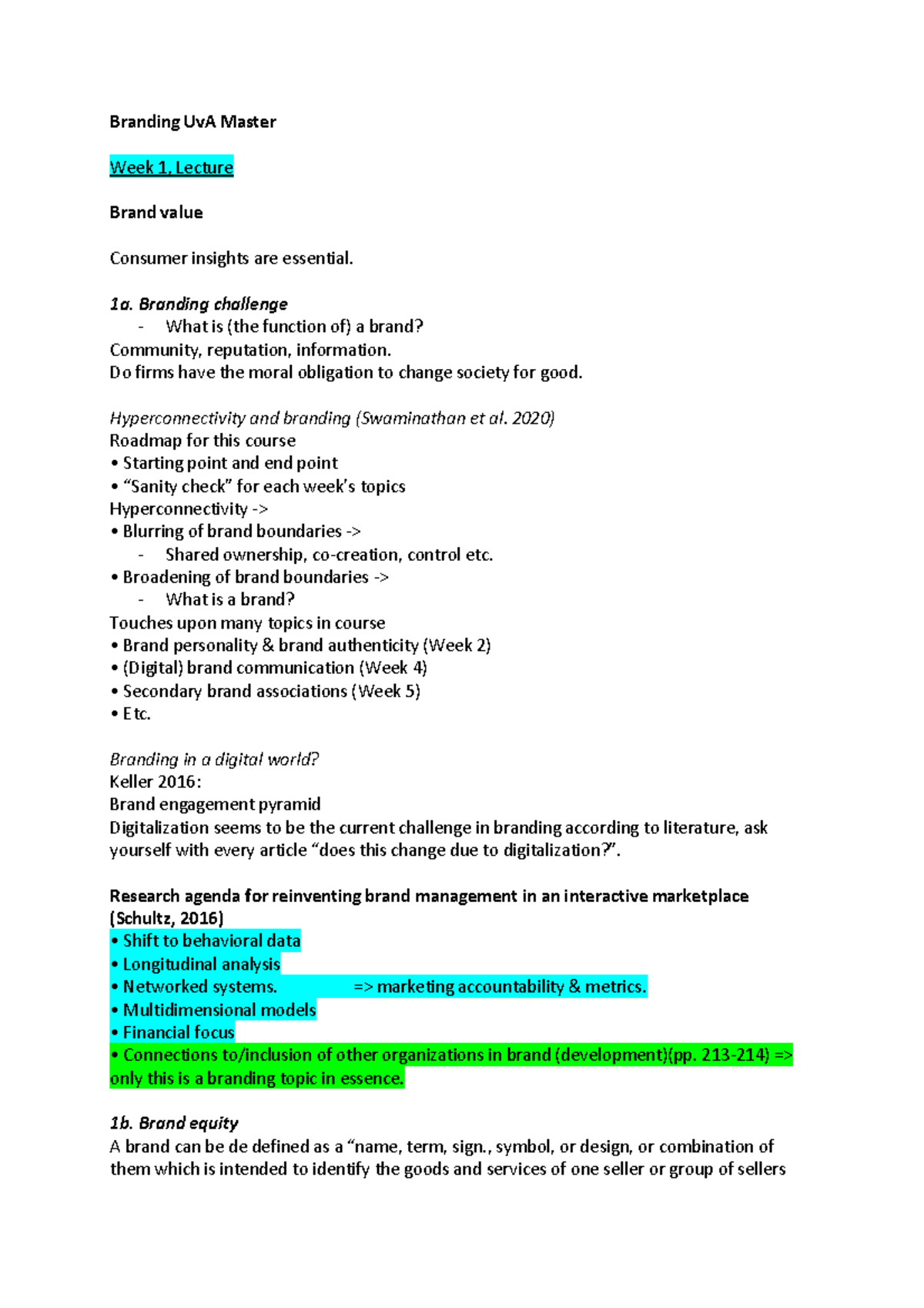 Branding UvA Master: Week 1 Lecture Insights on Brand Management ...
