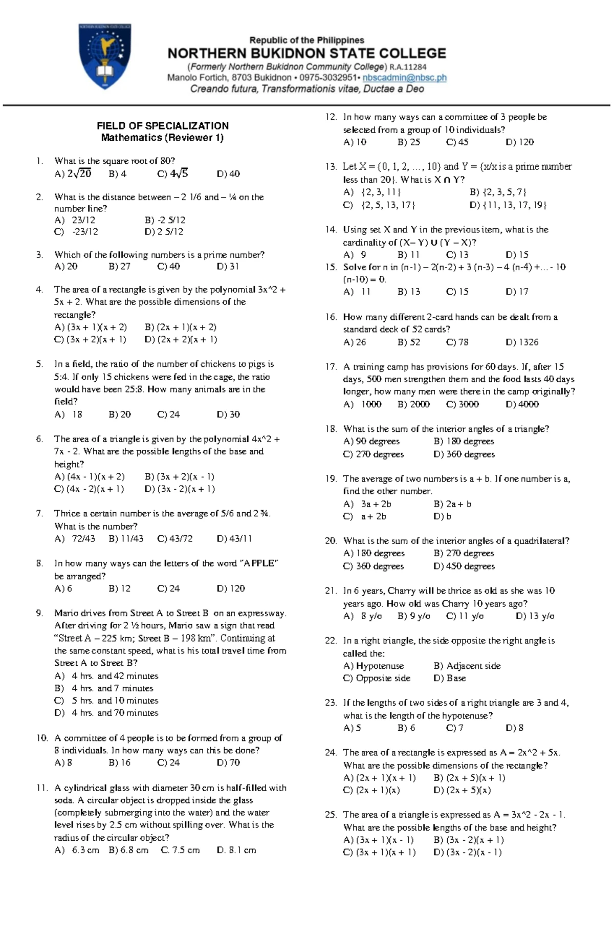 Gen Ed Math (Reviewer 1) - Comprehensive Review Material for Exams ...
