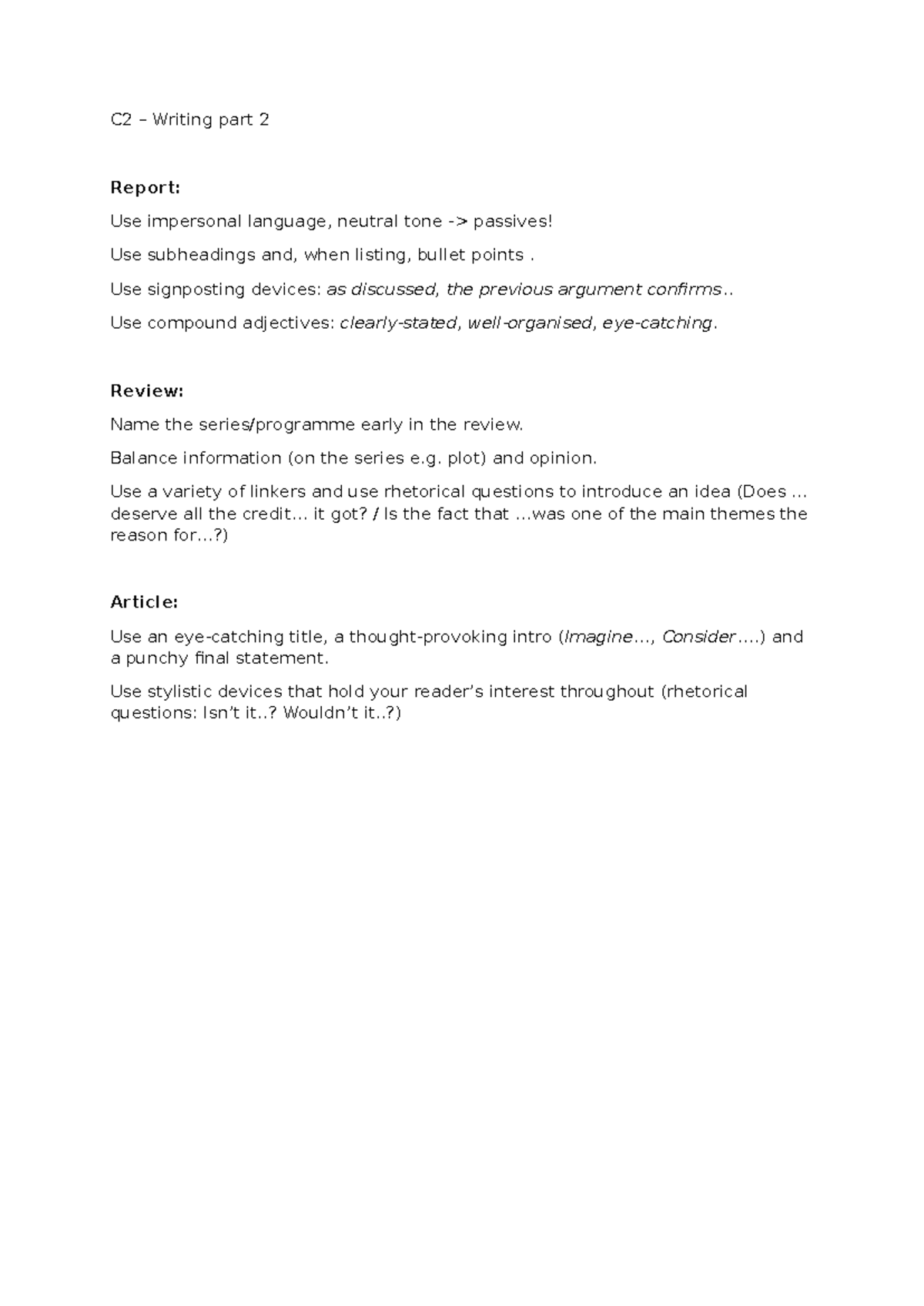 C2 - writing tips review, article, report - C2 – Writing part 2 Report ...