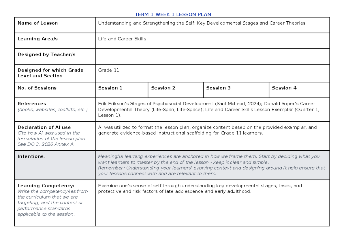 T1 WEEK 1 LESSON PLAN: Understanding Self & Career Theories for Grade ...