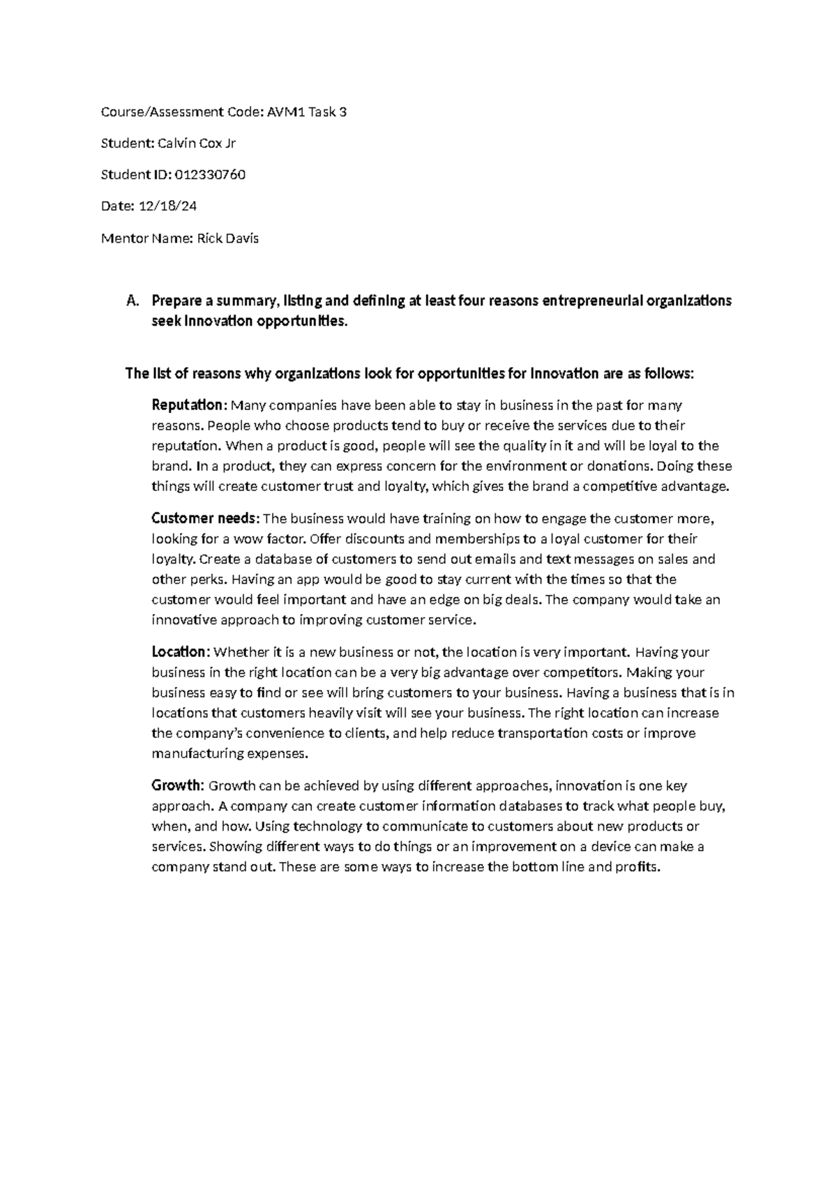AVM1 Task 3 - Reasons Entrepreneurial Organizations Seek Innovation ...