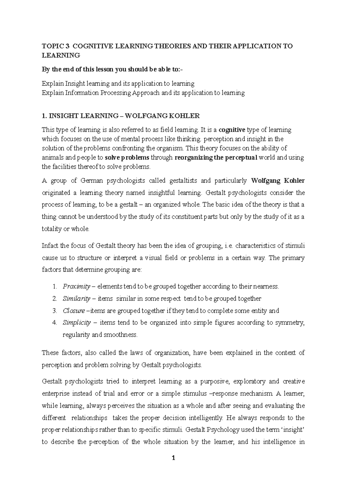 Cognitive Learning Theories: Insight Learning & Info Processing - Studocu