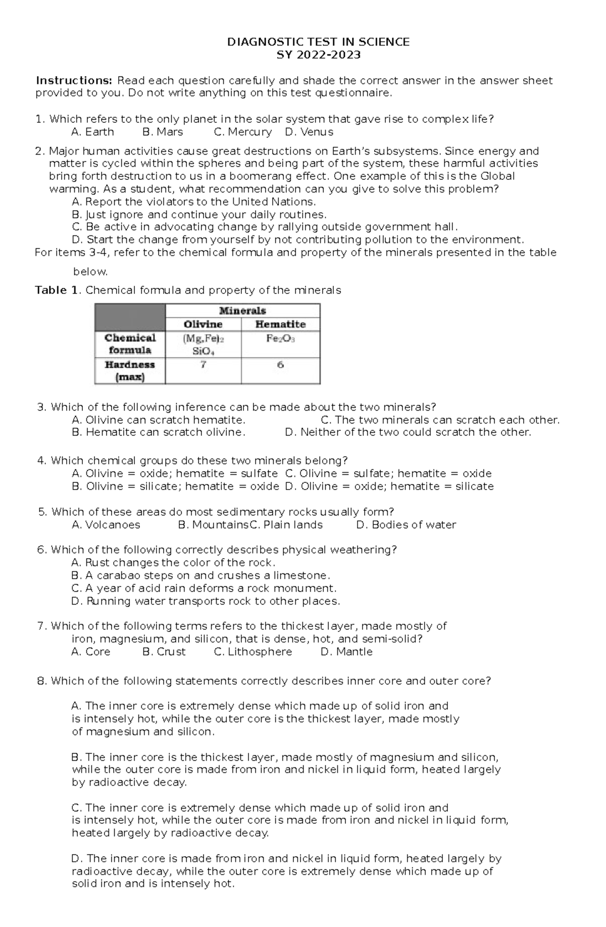 Diagnostic Test: Earth and Life Science (SY 2022-) - Studocu