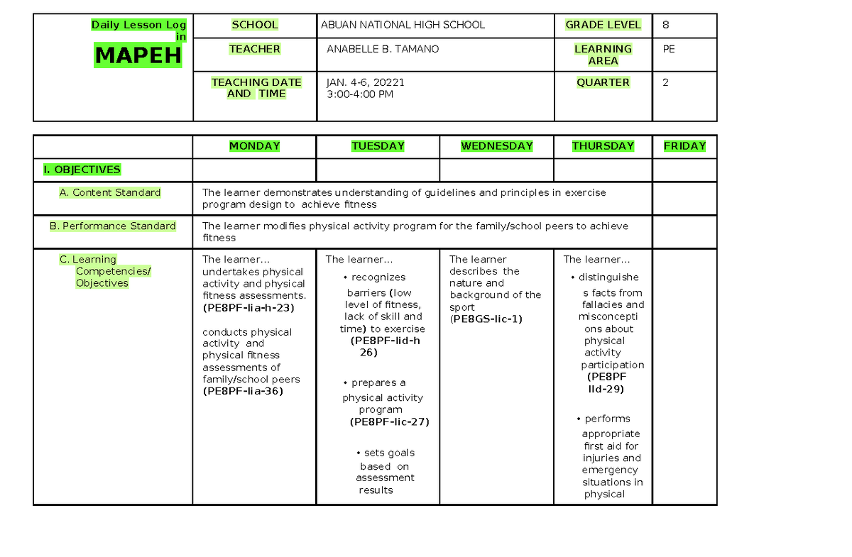 DLL in PE 2 Q2 - MAPEH: Daily Lesson Log for Grade 8 Fitness Activities ...