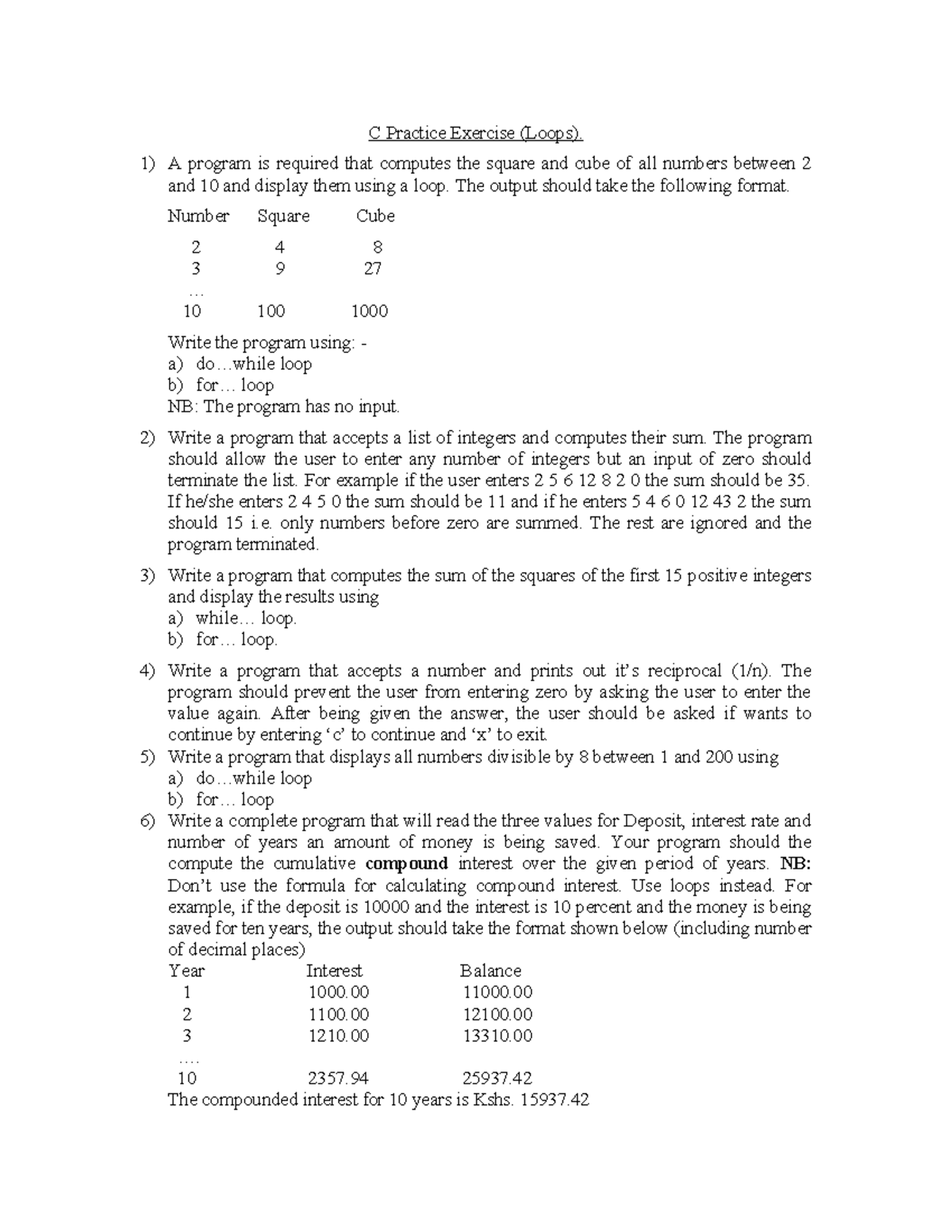 C Programming Practice Exercise (Loops) - Studocu