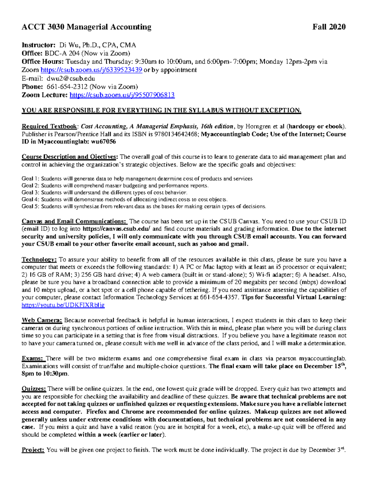ACCT3030 - Managerial Accounting Course Syllabus Fall 2020 - Studocu