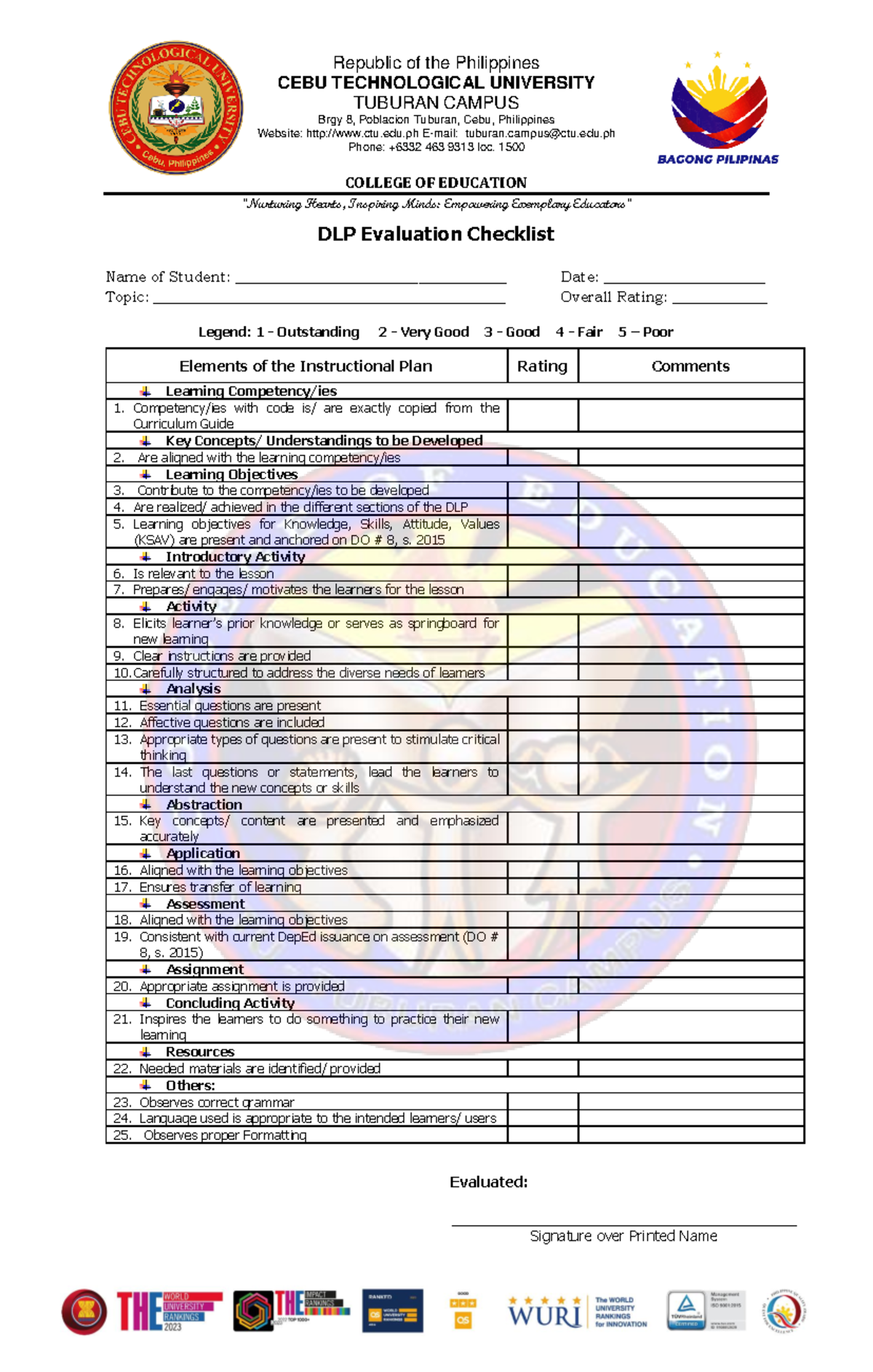DLP-Checklist: Evaluation Criteria for Lesson Planning - Studocu