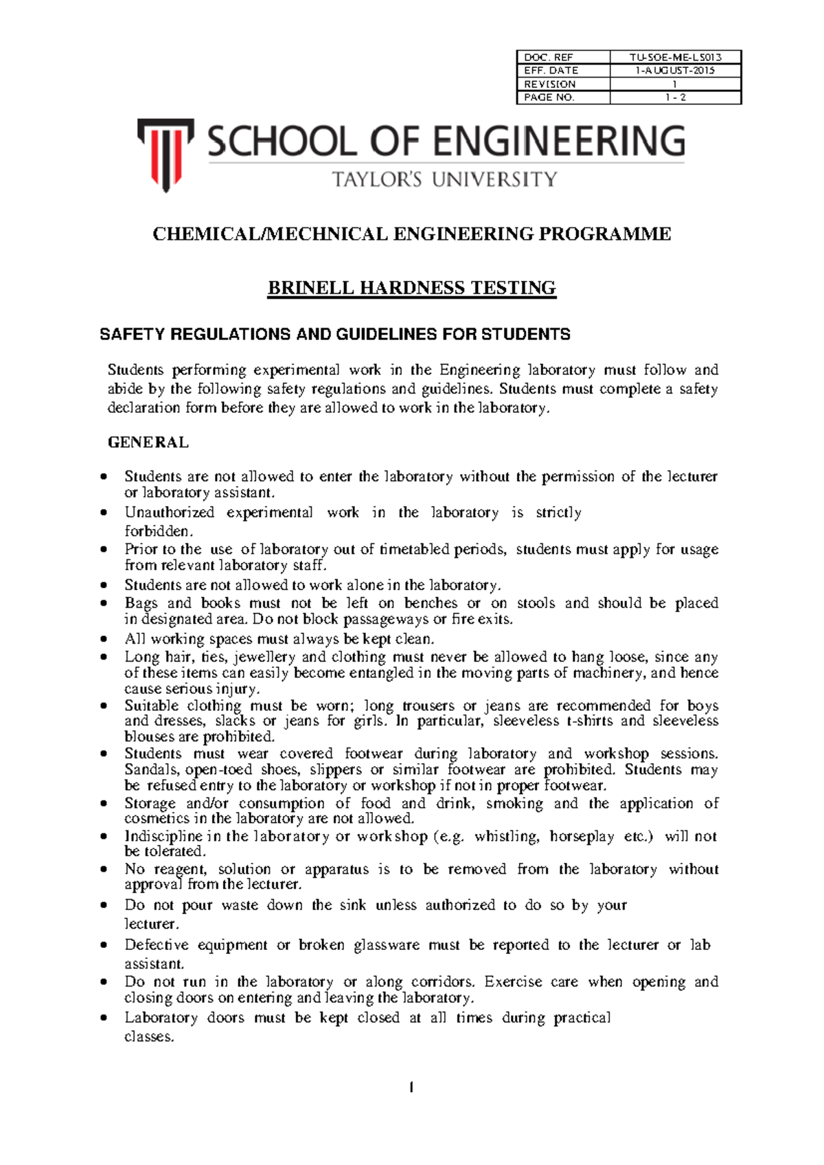 ENG 101: Brinell Hardness Testing Safety Guidelines for Students - Studocu