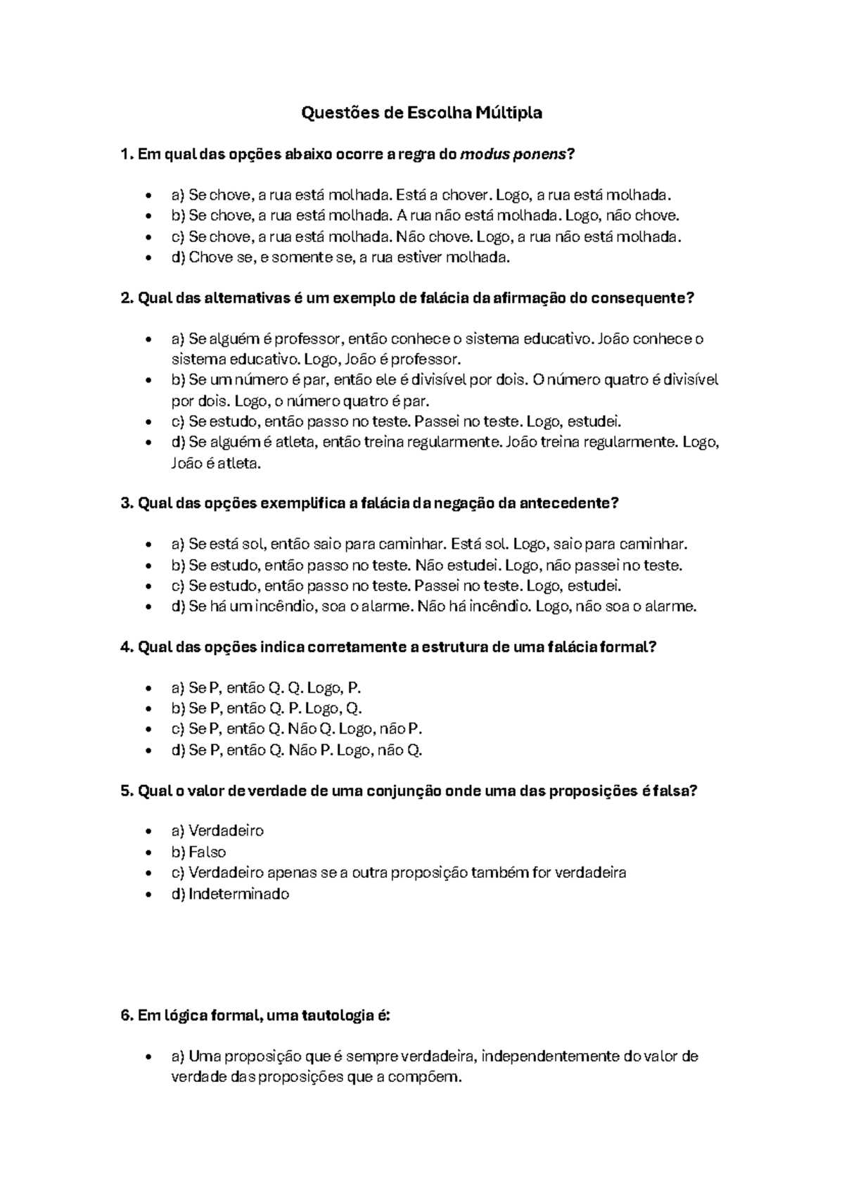 Questões de Escolha Múltipla lógica 1 - Questões de Escolha Múltipla 1 ...