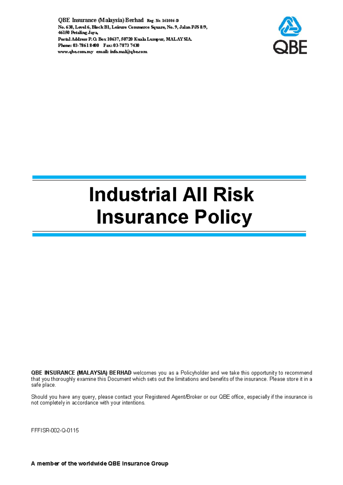 Industrial All Risks Insurance Policy - QBE Insurance (Malaysia) Berhad ...