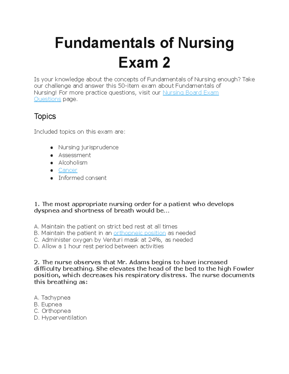 Fundamentals of Nursing Exam 2: 50 Item Practice Test Questions - Studocu