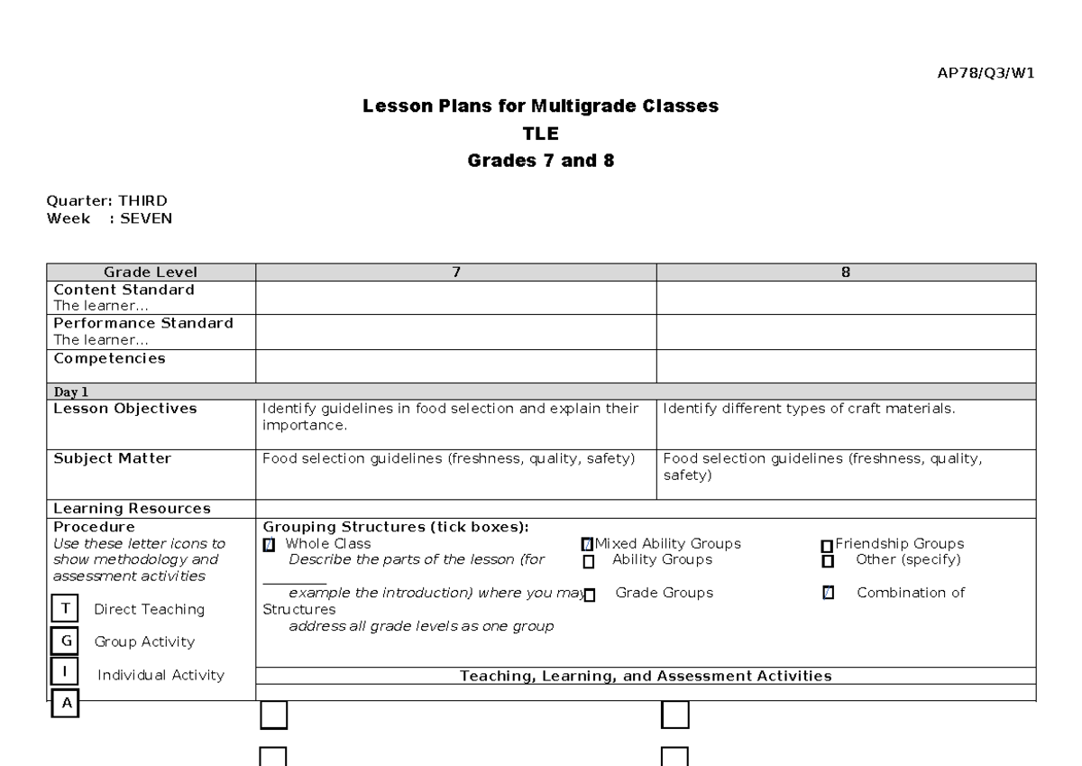 TLE 7-8 Lesson Plans for Multigrade Classes: Week 7, Quarter 3 - Studocu