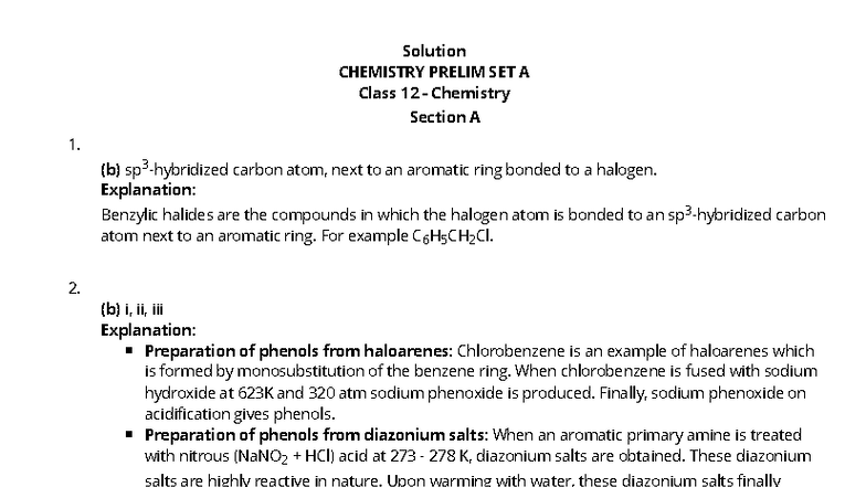 XII Chemistry Prelim SET A Solutions and Explanations - Studocu
