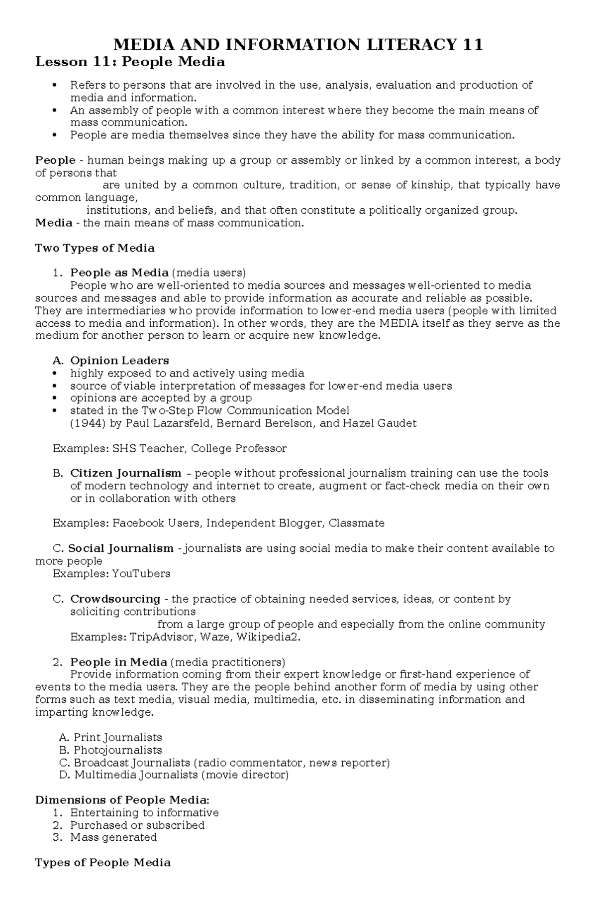 MIL 11 Second Quarter Lesson Handouts: People Media and Information ...
