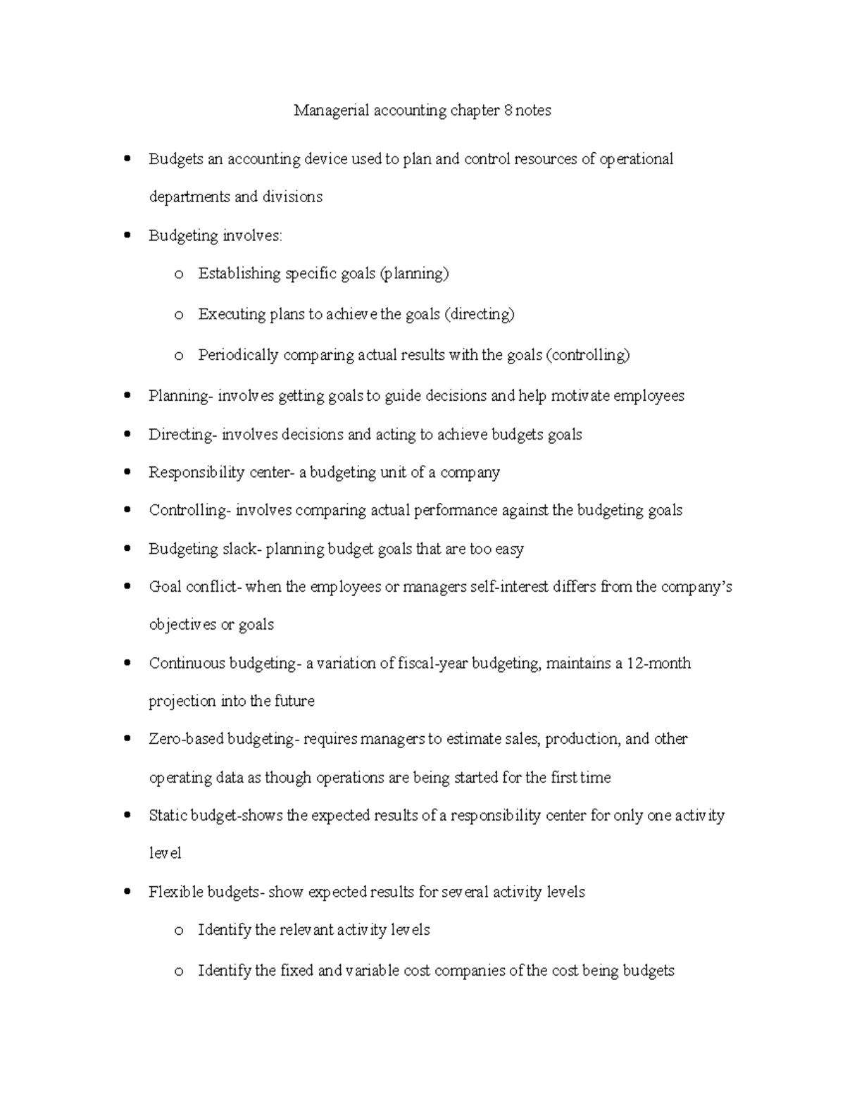 Chapter 8 notes - Managerial accounting chapter 8 notes Budgets an ...