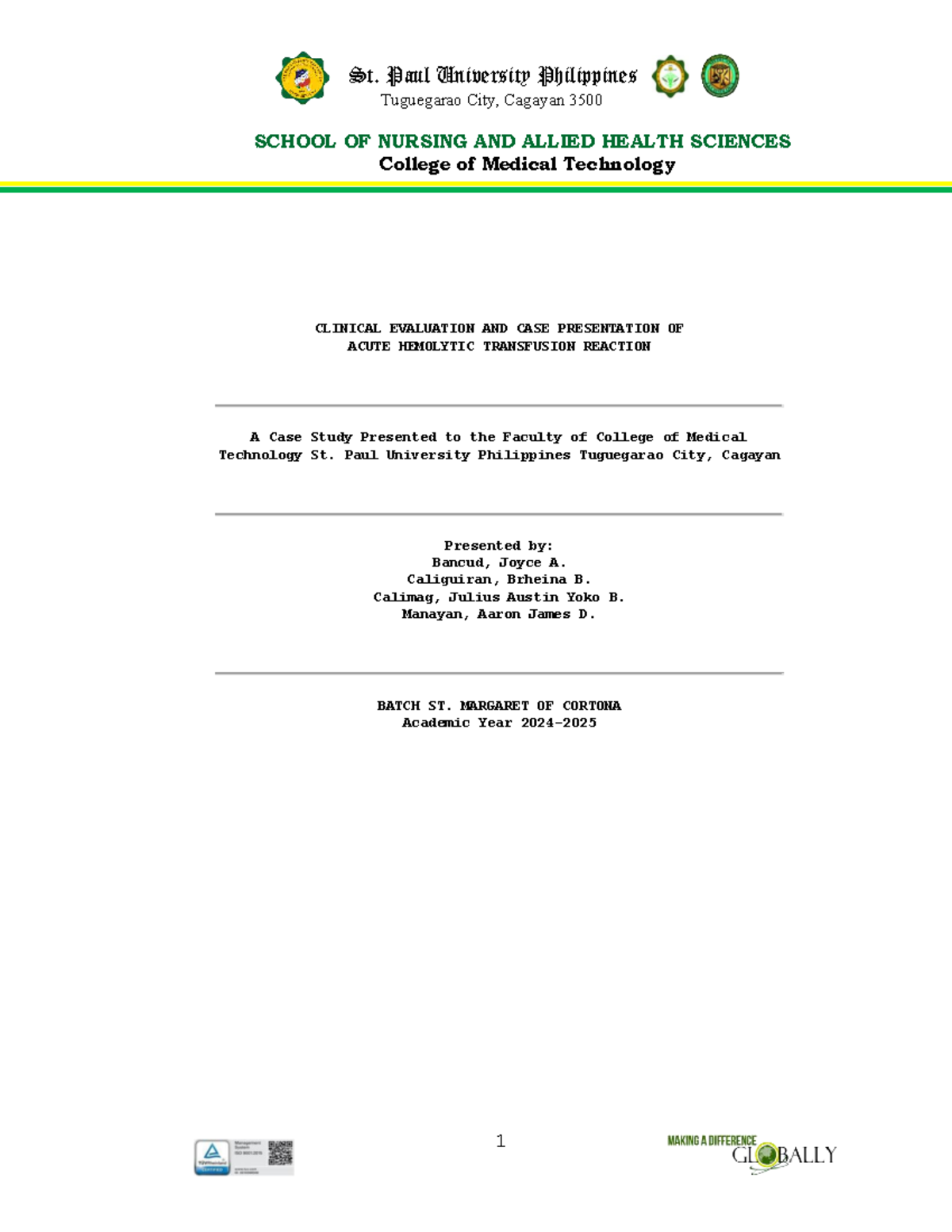 AHTR-CASE-PRES 2: Acute Hemolytic Transfusion Reaction Analysis - Studocu