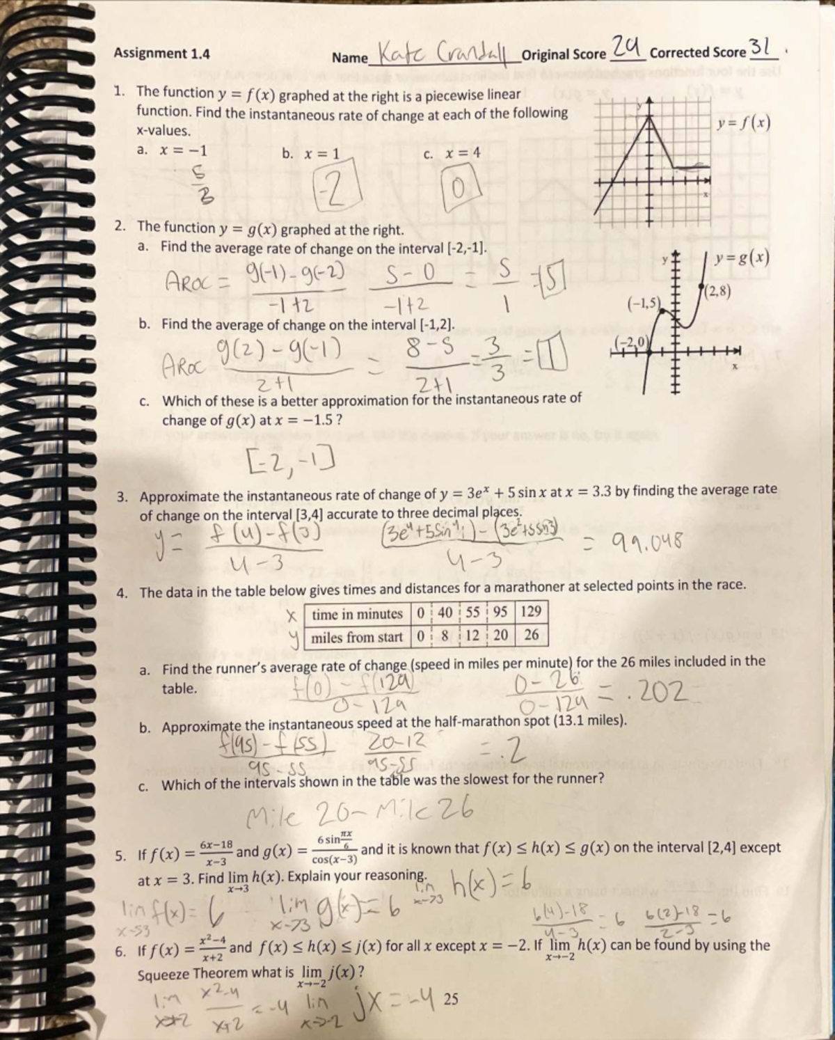 AP Calculus Assignment 1.4 - Instantaneous & Average Rates of Change ...