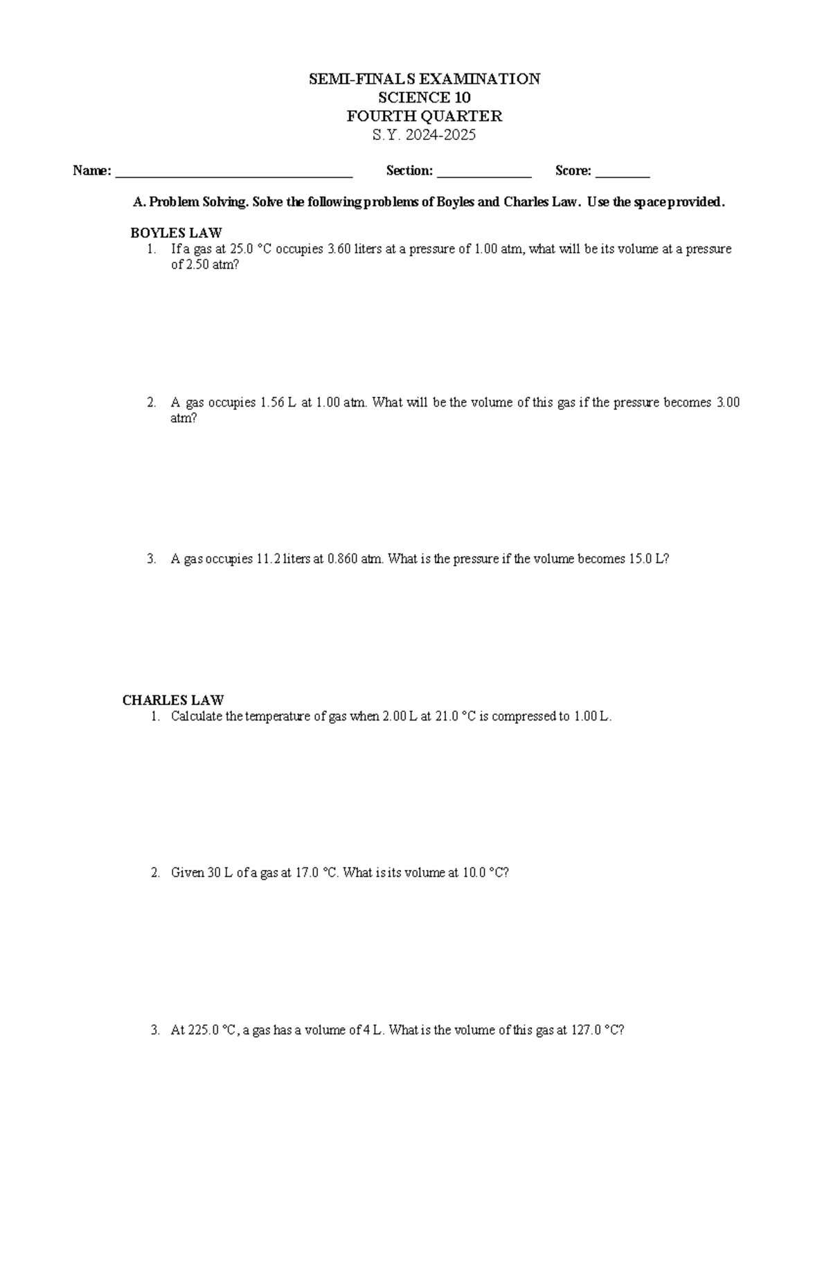 SCI 10 Semi-Finals Examination: Gas Laws & Chemical Reactions - Studocu
