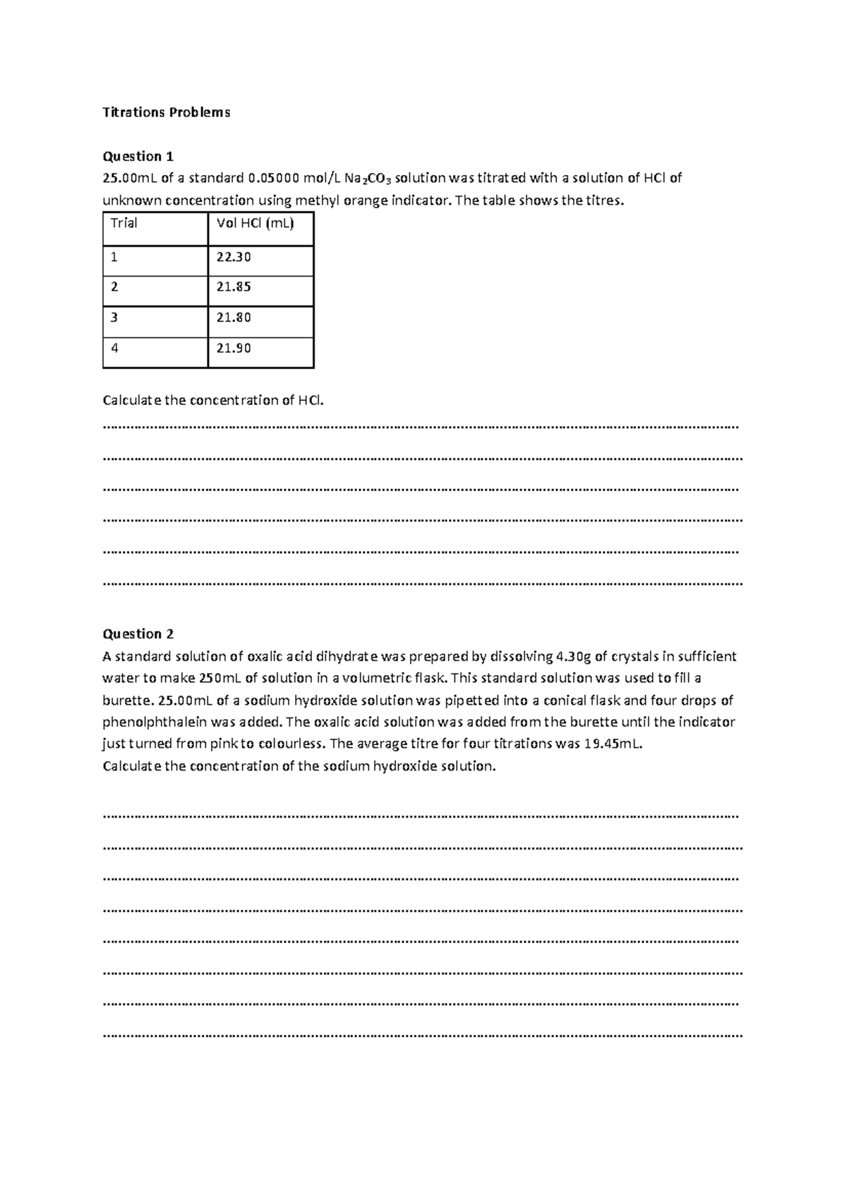 Titration Problems - HSC Chemistry Module 5 Study Notes - Studocu