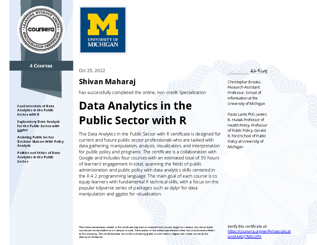 Data Analytics in the Public Sector with R: Certificate Completed - Studocu