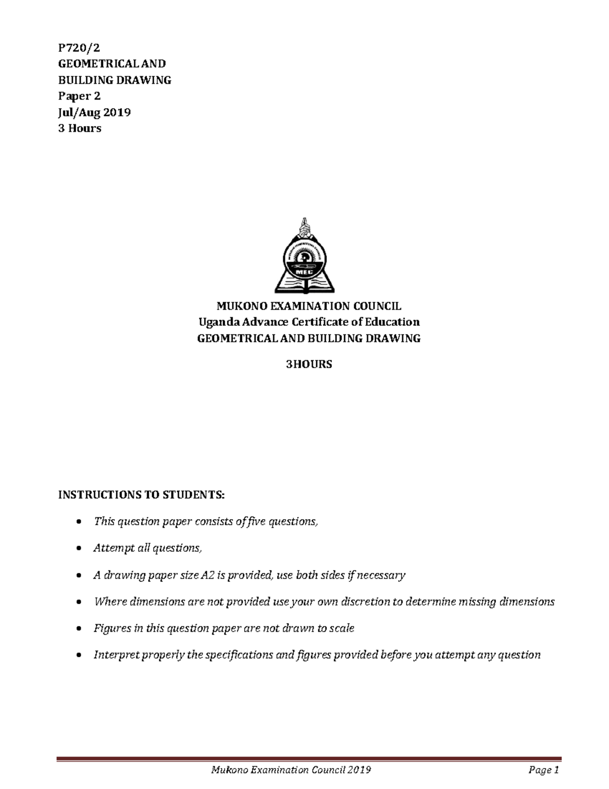 GEOMETRICAL AND BUILDING DRAWING Paper 2 2019 - 3 Hours Exam - Studocu