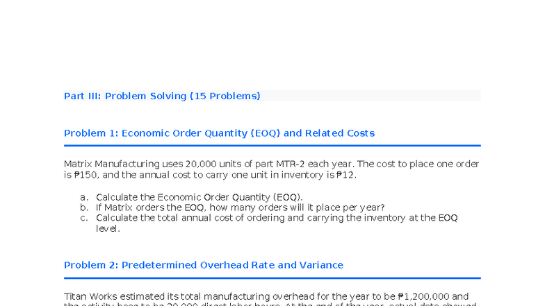 03 Cost Accounting and Control Reviewer: Problem Solving (15 Problems ...