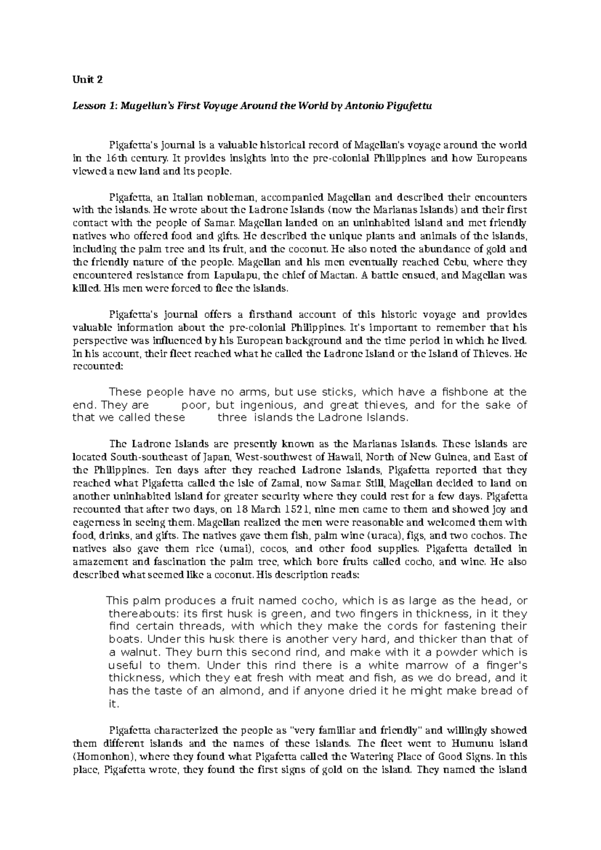 RIPH Unit 2 Lesson 1: Insights from Pigafetta's Voyage Journal - Studocu