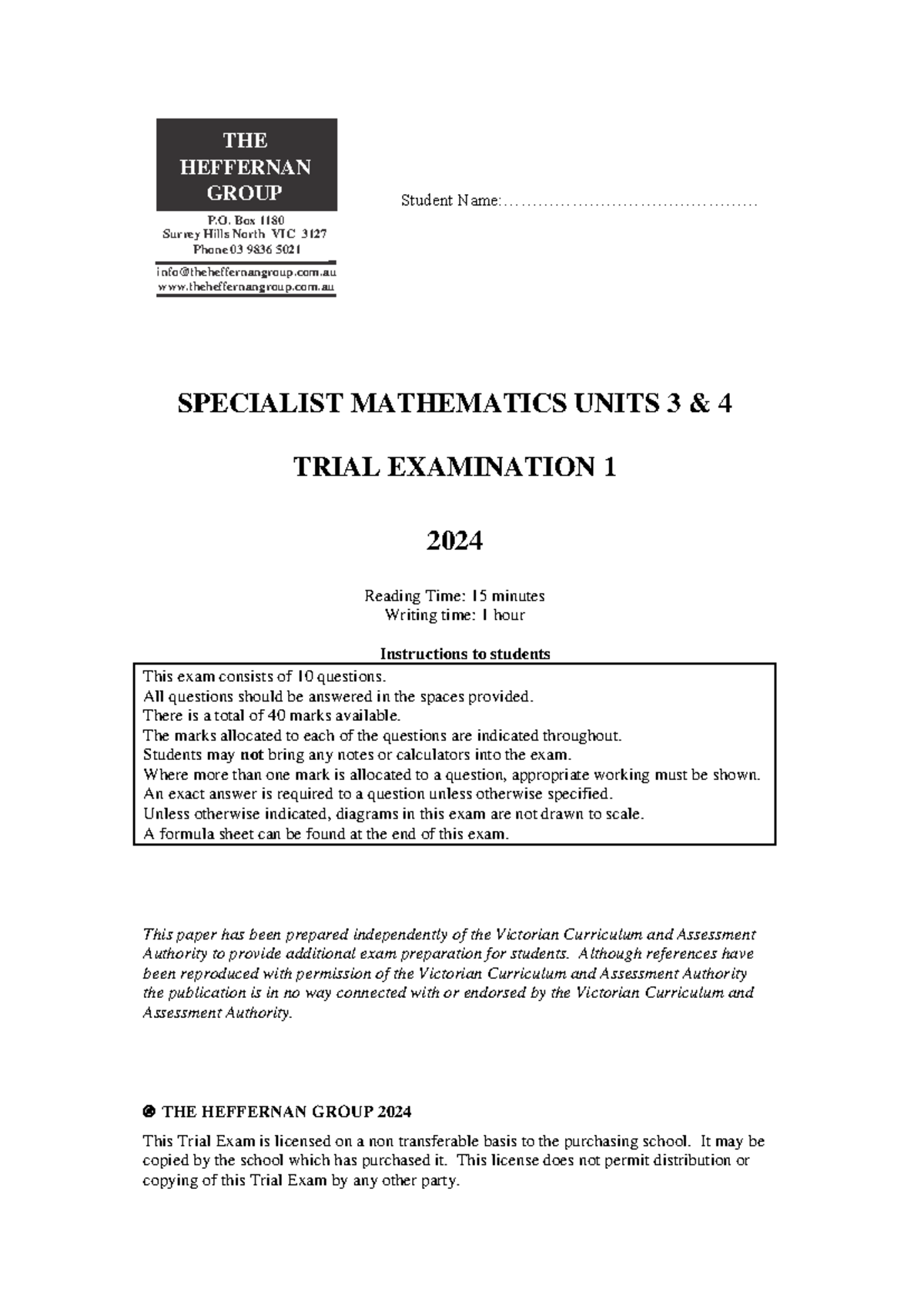 Heffernan 2024 Specialist Mathematics Units 3 & 4 Trial Exam 1 - Studocu