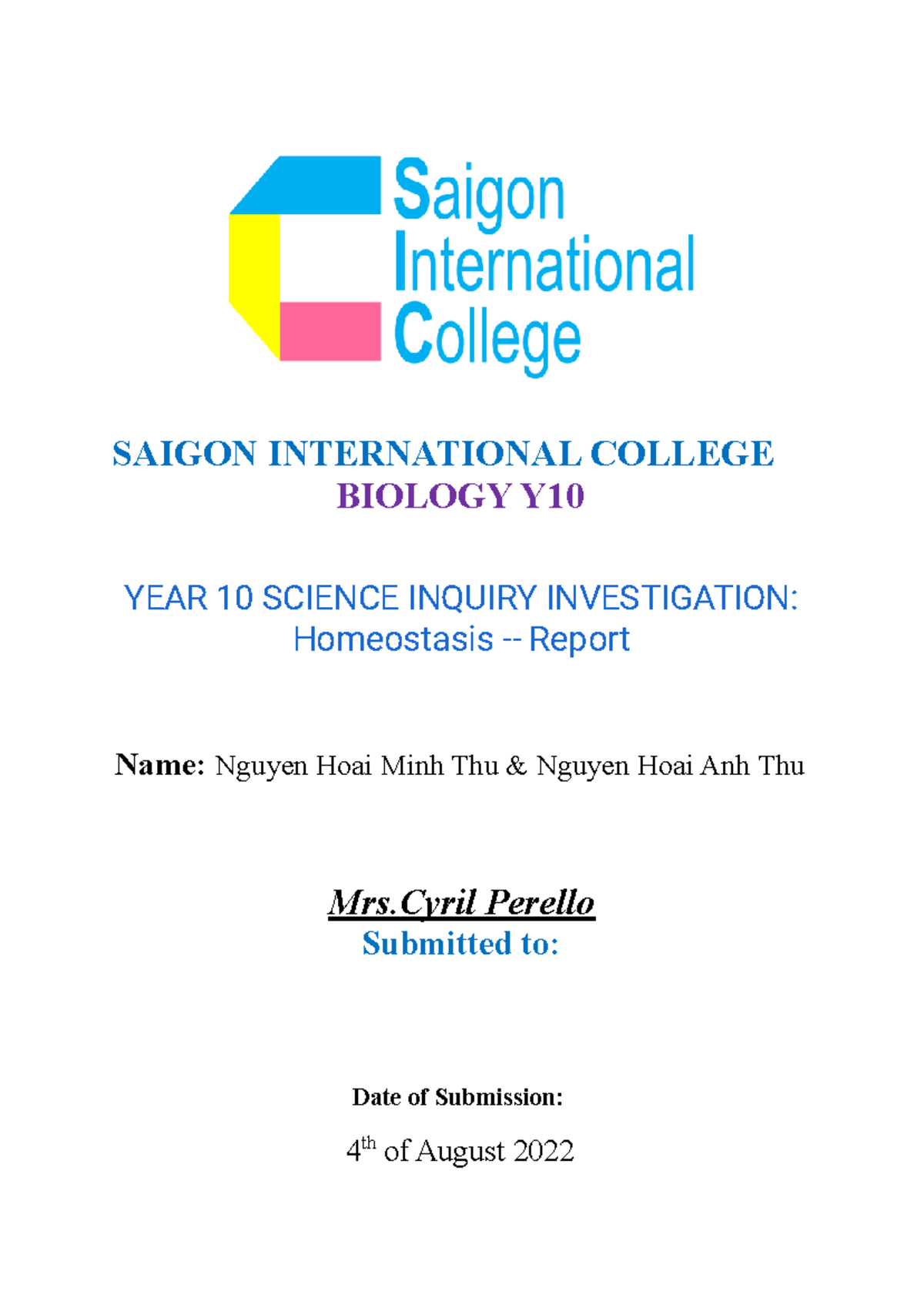 Bio - none - SAIGON INTERNATIONAL COLLEGE BIOLOGY Y YEAR 10 SCIENCE ...