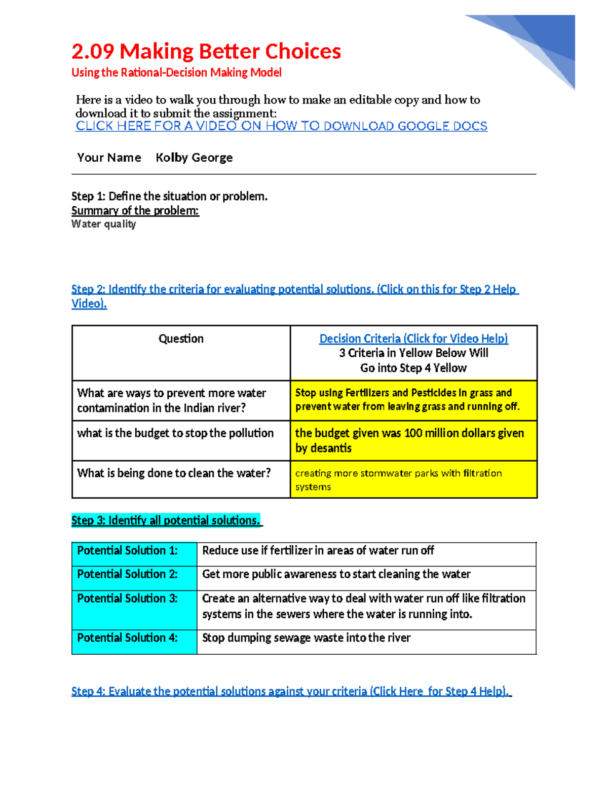 2.09 Rational Decision-Making Model: Water Quality Solutions - Studocu