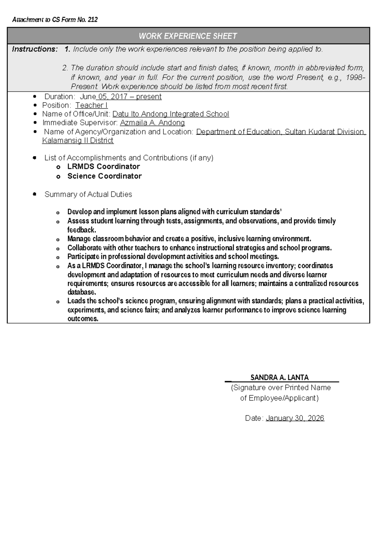 CS Form No. 212: Work Experience Sheet for Teacher I Position - Studocu