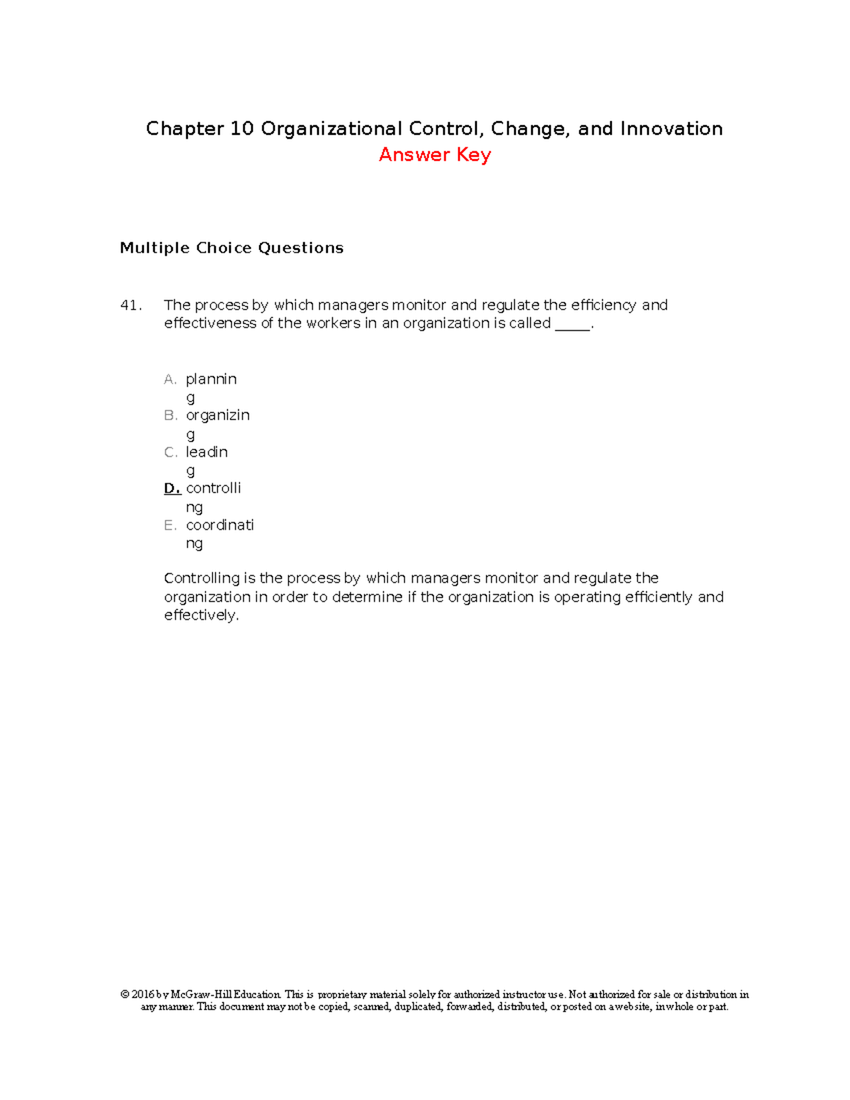 Ch10 - Test bank - Chapter 10 Organizational Control, Change, and ...