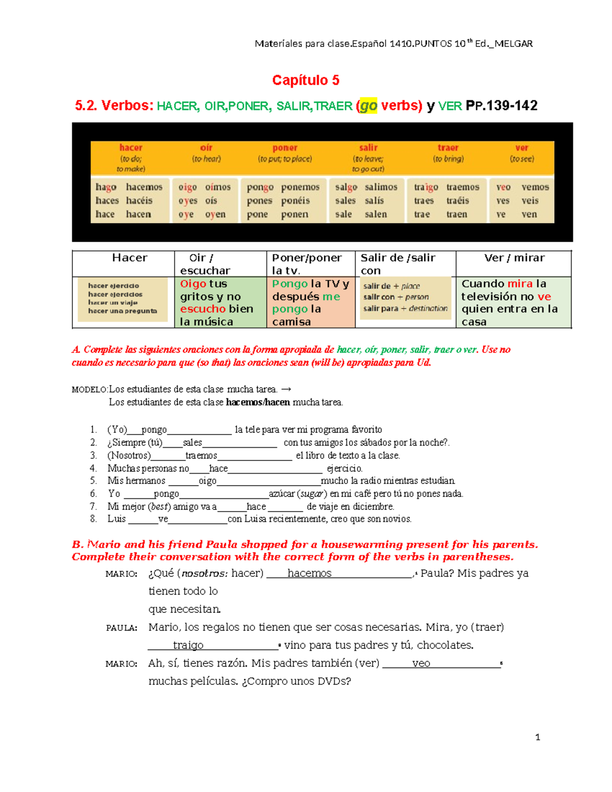 Claseñol 1410 - Handout 5: Go Verbs (Hacer, Oír, Poner, Salir, Traer ...