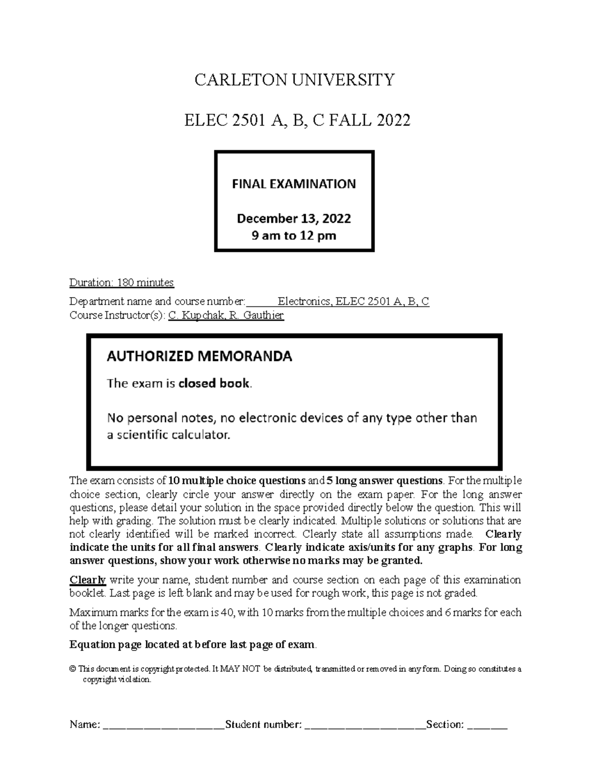ELEC2501 Fall 2022 - Comprehensive Guide to Final Exam Structure - Studocu