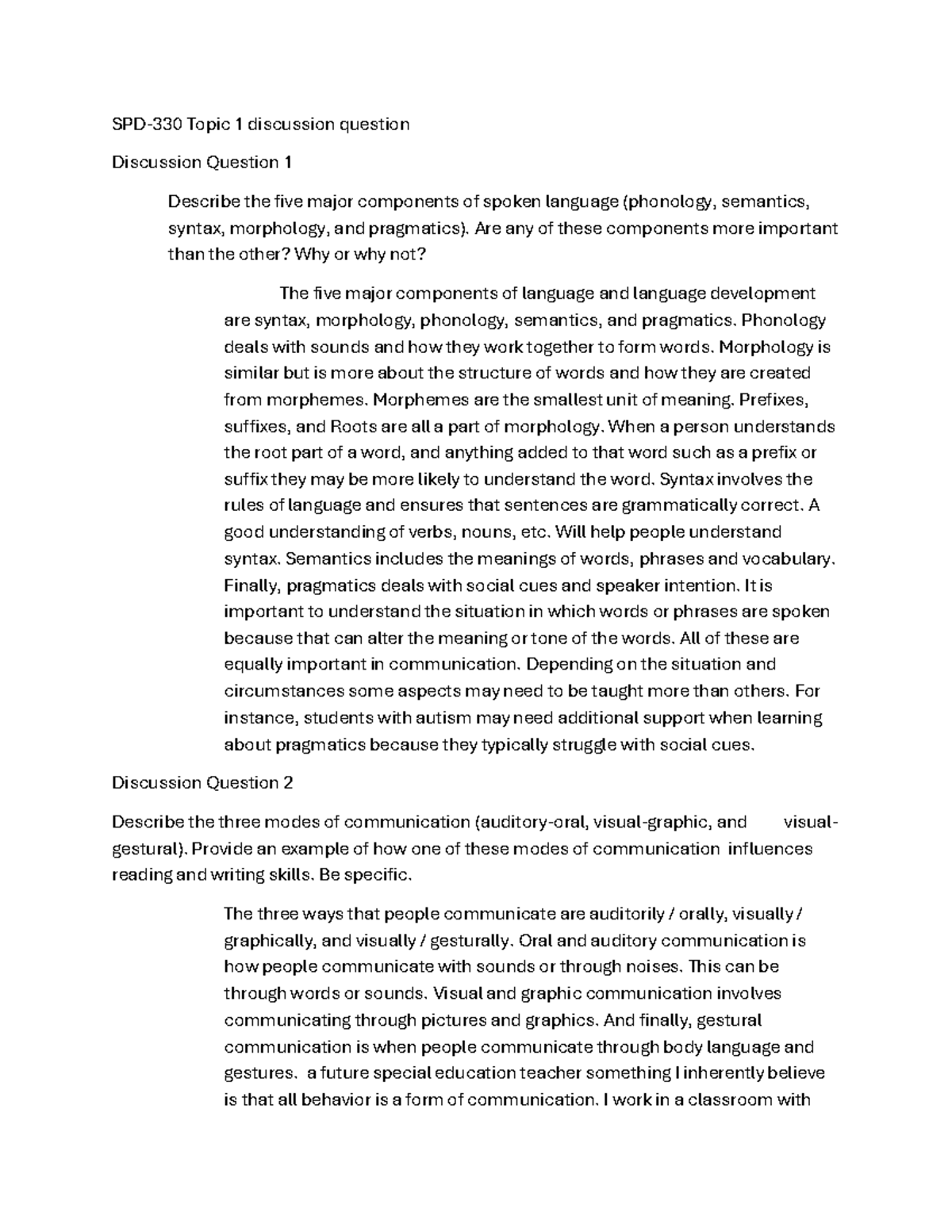 SPD-330 T1 Discussion Questions on Language Components & Communication ...