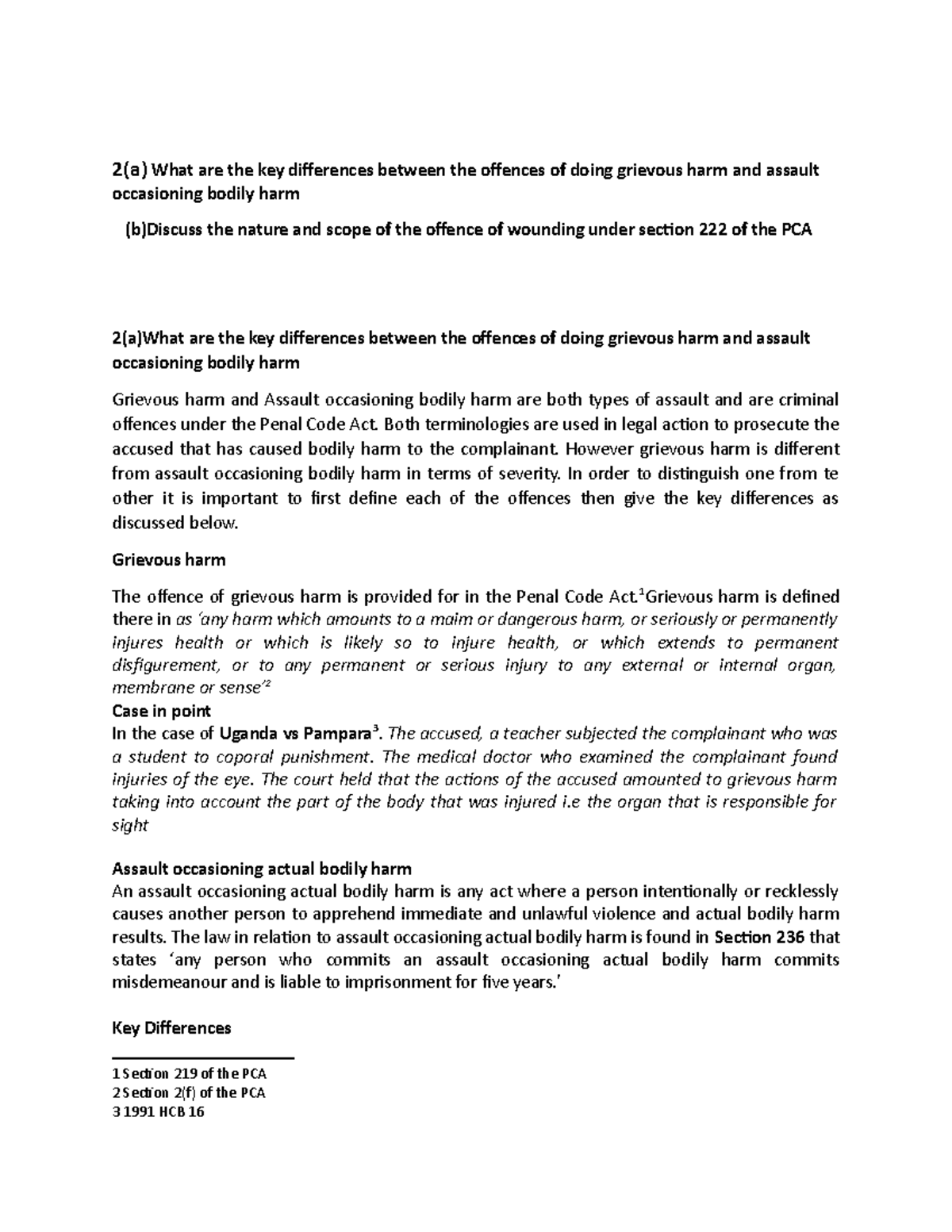 Criminal Law - Key Differences in Grievous Harm vs Assault Assignment ...