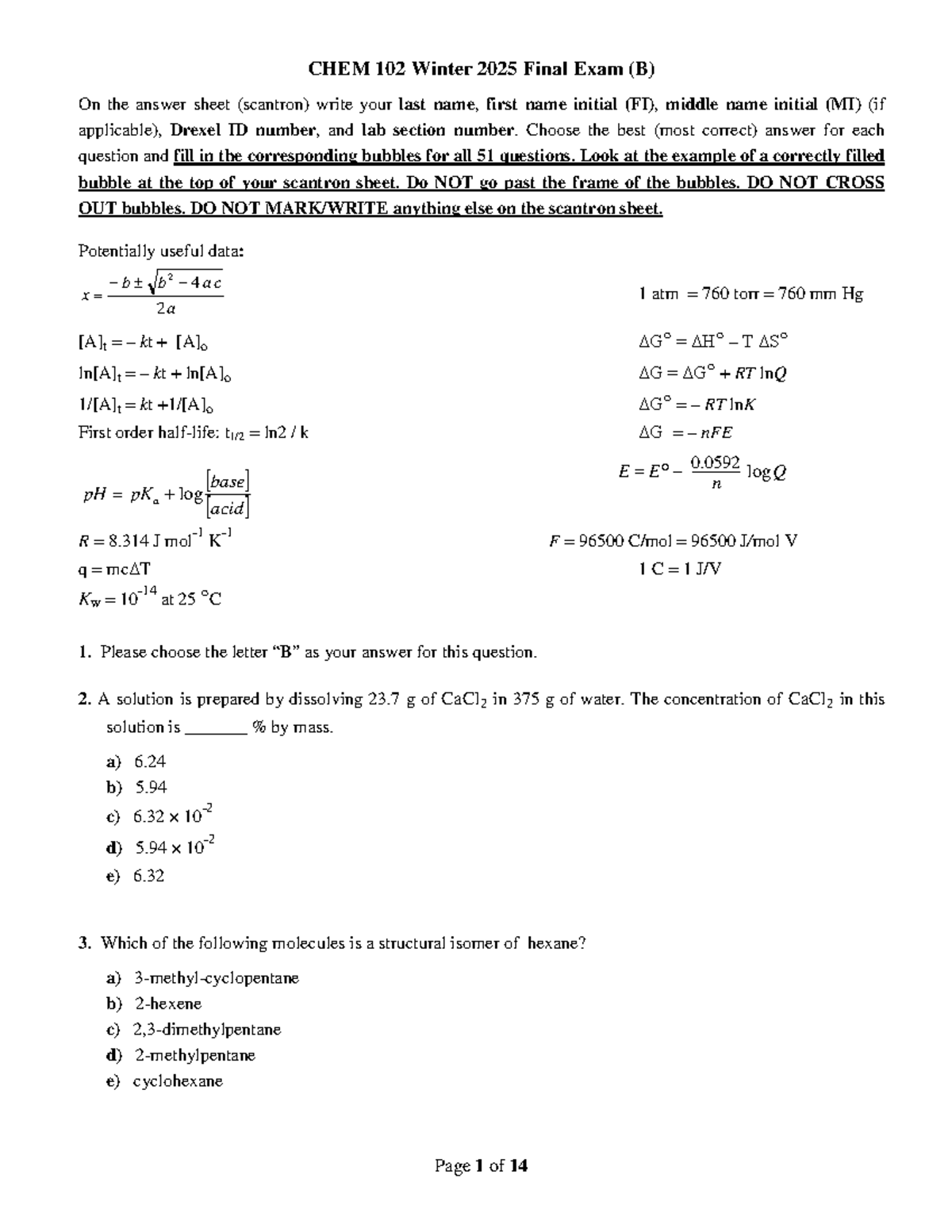 CHEM 102 W25b Final Exam Review with Answer Key - Studocu