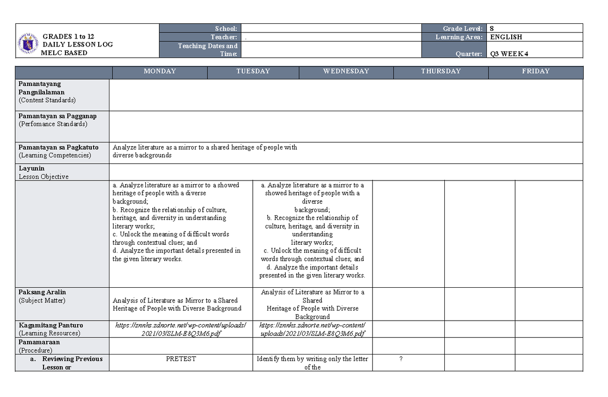 English 8 Dll Melc Daily Lesson Log For Q3 Week 4 Studocu