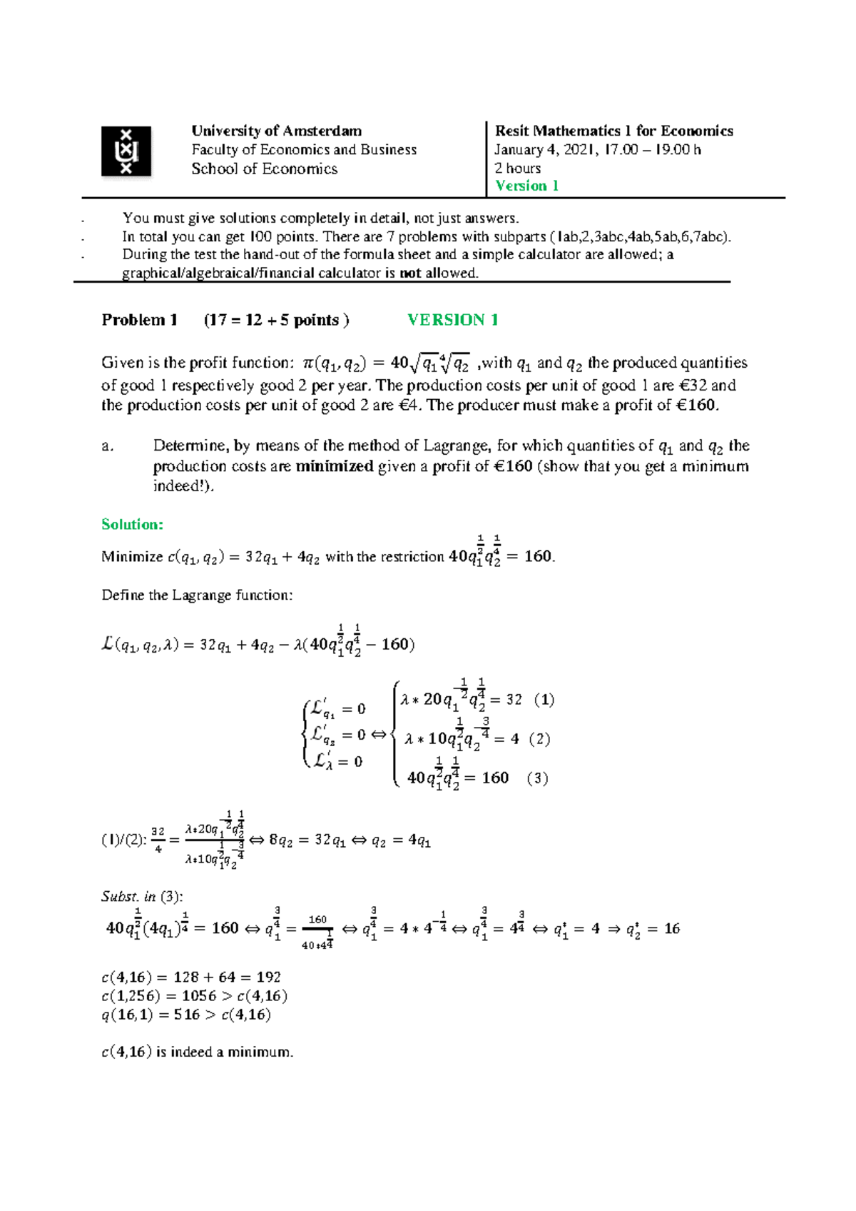 Resit Math 1 for Eco: Detailed Solutions and Exam Strategies - Studeersnel