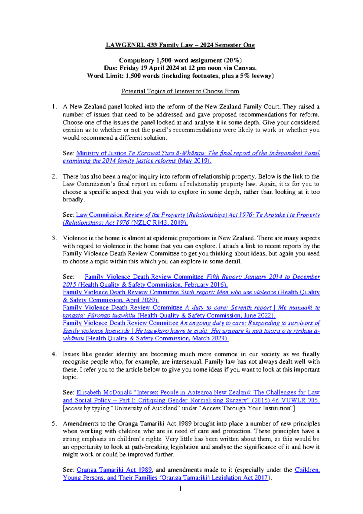 LAWGENRL 433 Family Law - 2024 Semester One Assign. Guidelines (1,500 ...