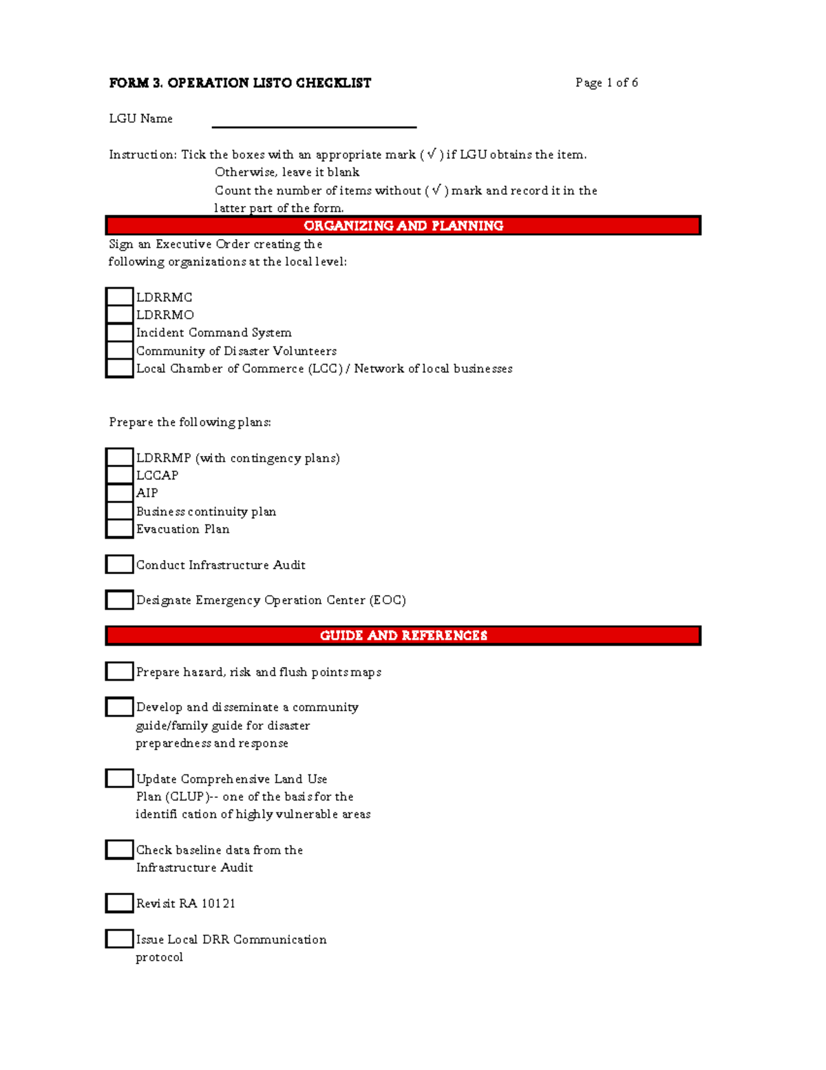 Form 3: Operation Listo Checklist for Disaster Preparedness and ...