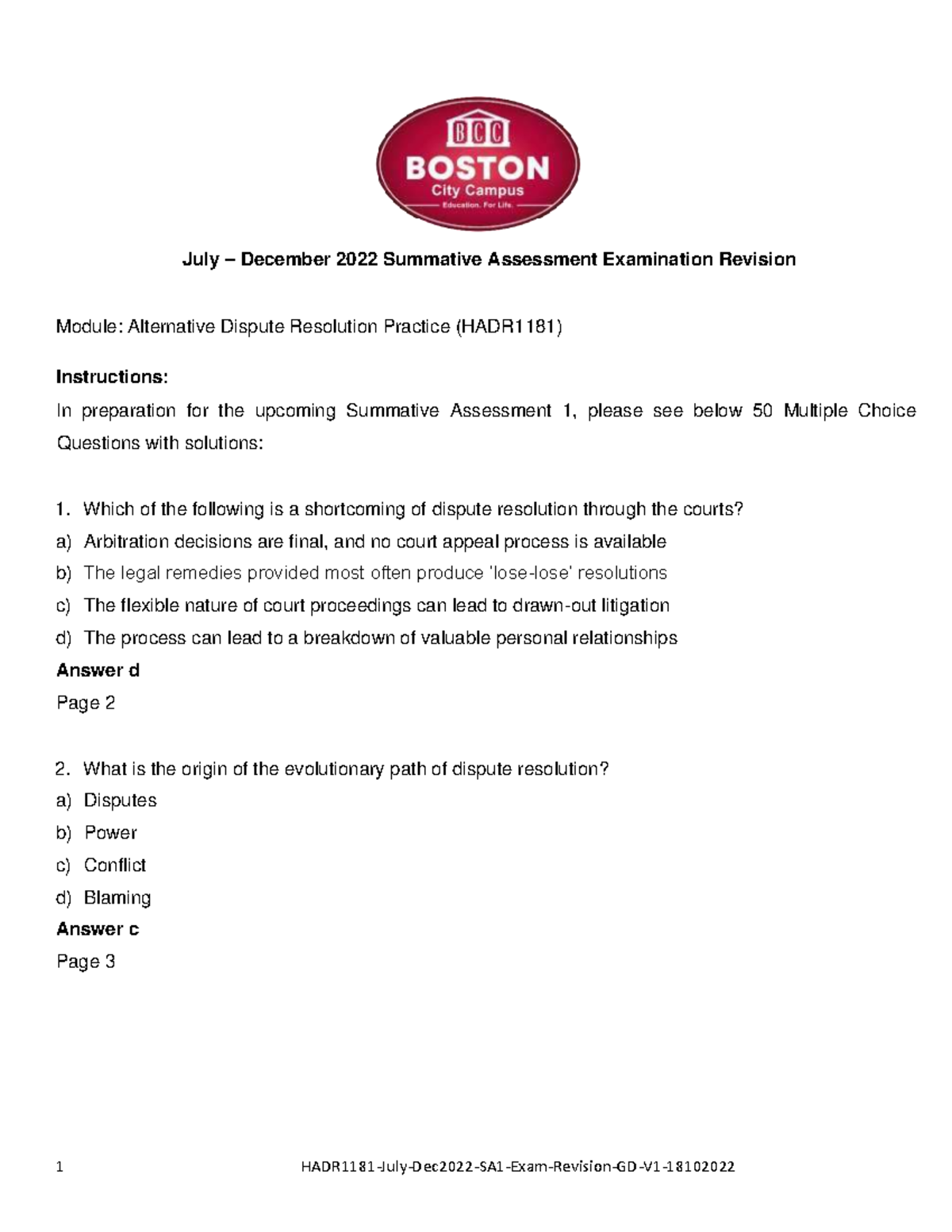 HADR1181 July-Dec 2022 Summative Assessment Revision: ADR MCQs - Studocu