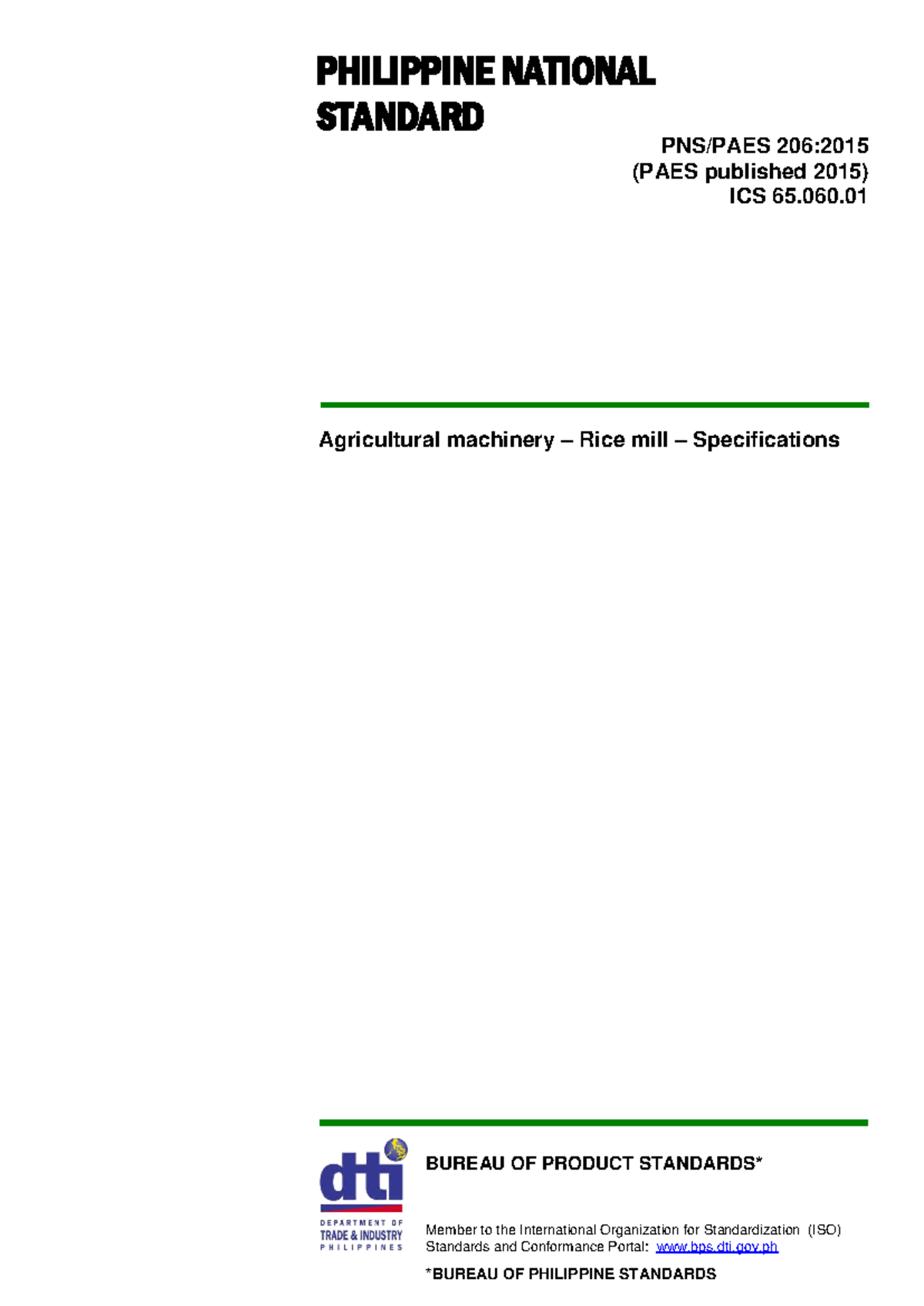 PNS PAES 206:2015 Rice Mill Specifications and Standards - Studocu