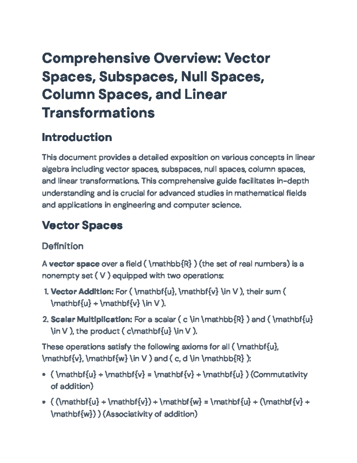 Comprehensive Guide to Vector Spaces and Linear Transformations (MATH ...