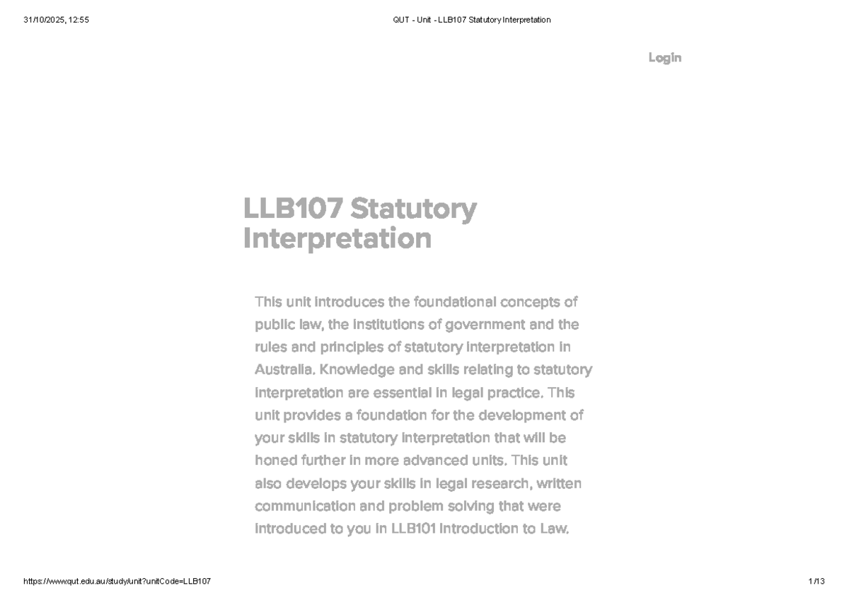 LLB107 Statutory Interpretation Course Outline and Assessment Details ...