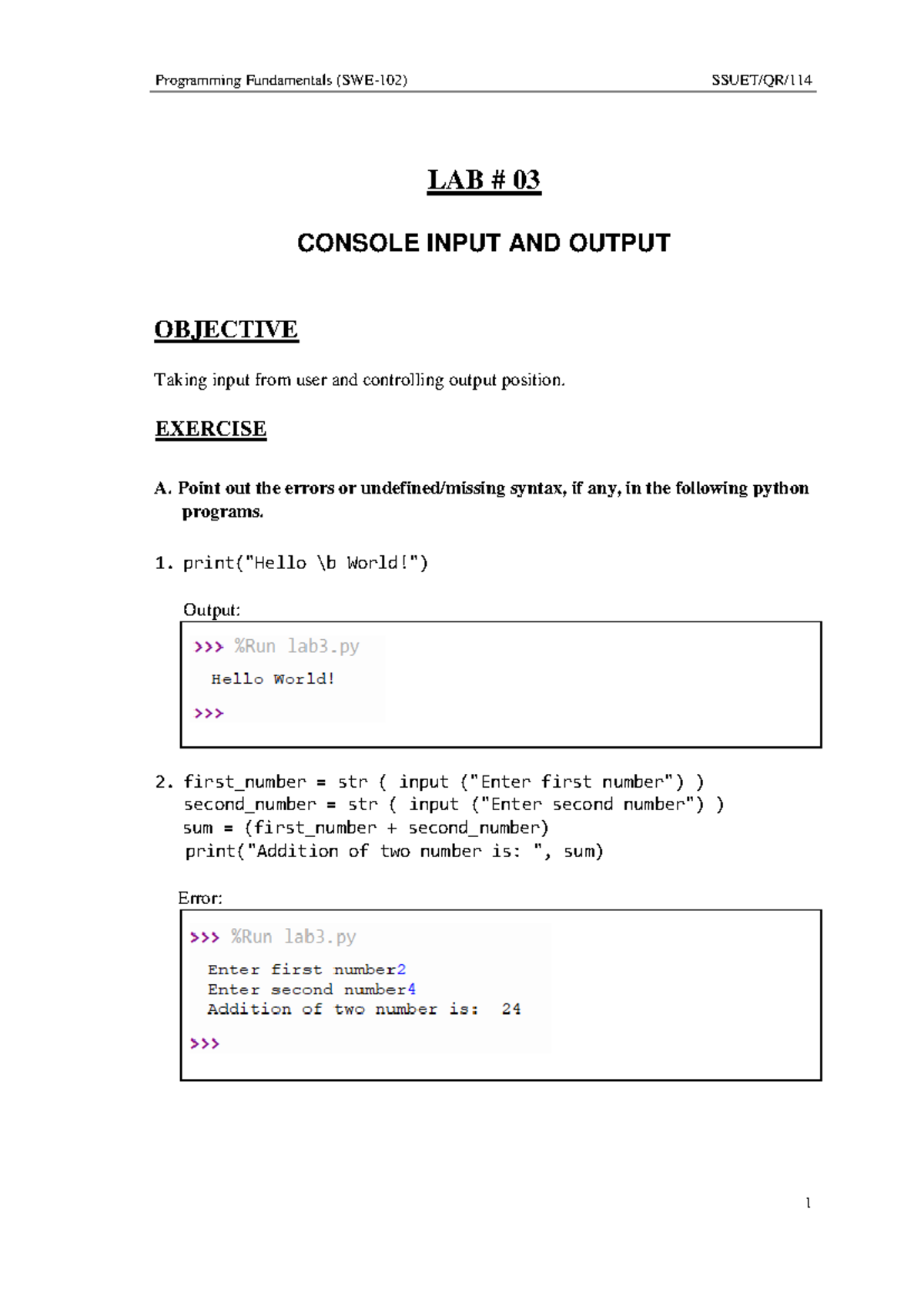 Lab 3 solved pdf - nothing - LAB # 03 CONSOLE INPUT AND OUTPUT ...