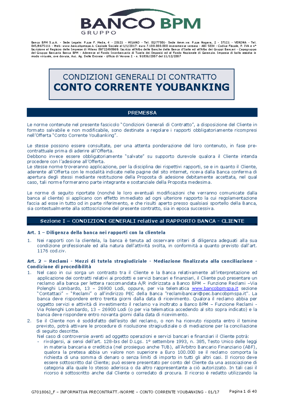 Condizioni Generali Conto Corrente YouBanking - G701806J_F - Studocu