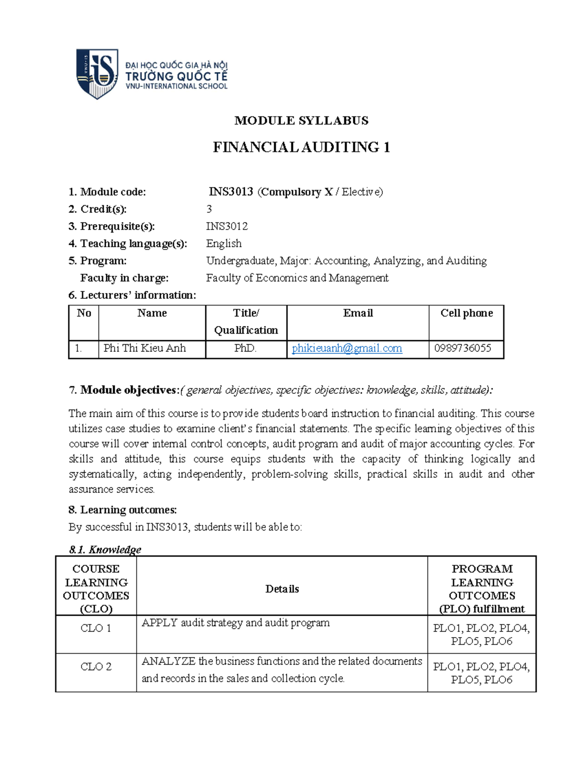 Syllabus for INS3013: Financial Auditing 1 Overview and Details - Studocu