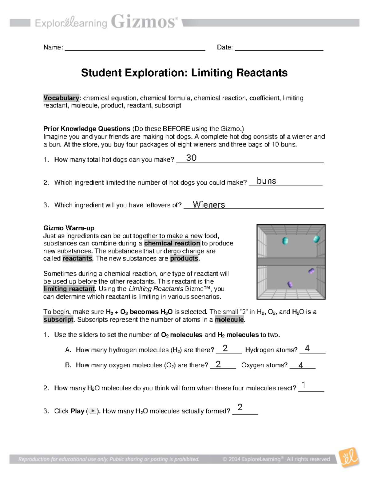 Limiting Reactants Student Exploration - Z12 Gizmo Activity Guide - Studocu