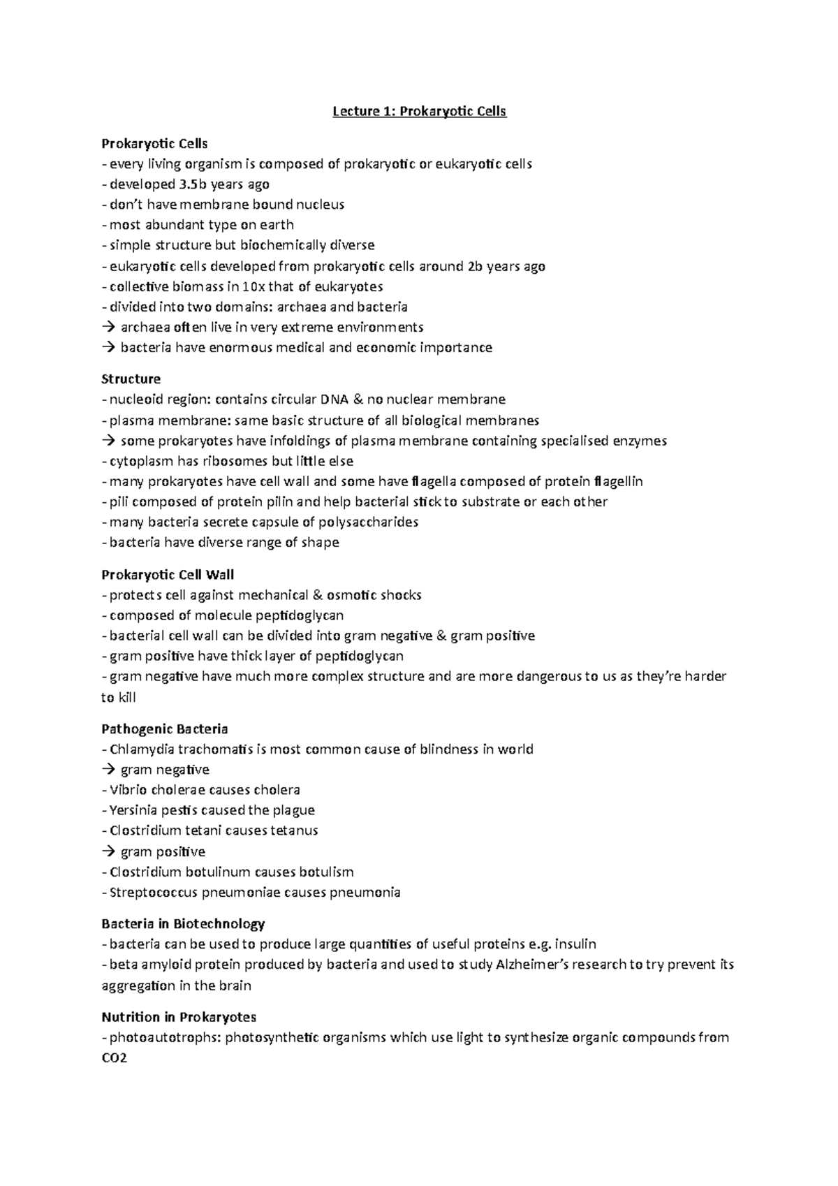 Notes; cell structure & function - Lecture 1: Prokaryotic Cells ...